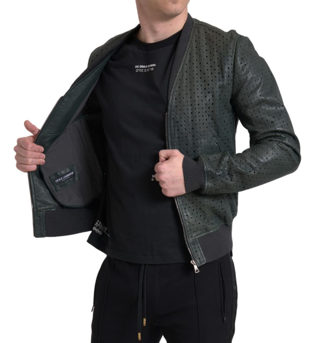 Dolce & Gabbana Green Perforated Leather Bomber Jacket - Image 7