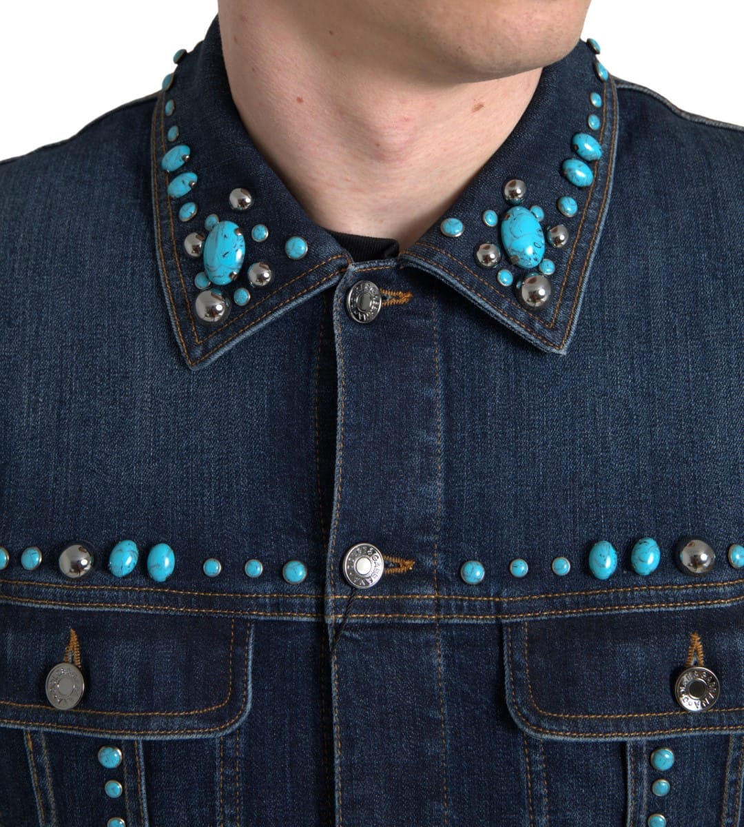 Dolce & Gabbana Blue Denim Turquoise Stones Studded Jacket - Image 2