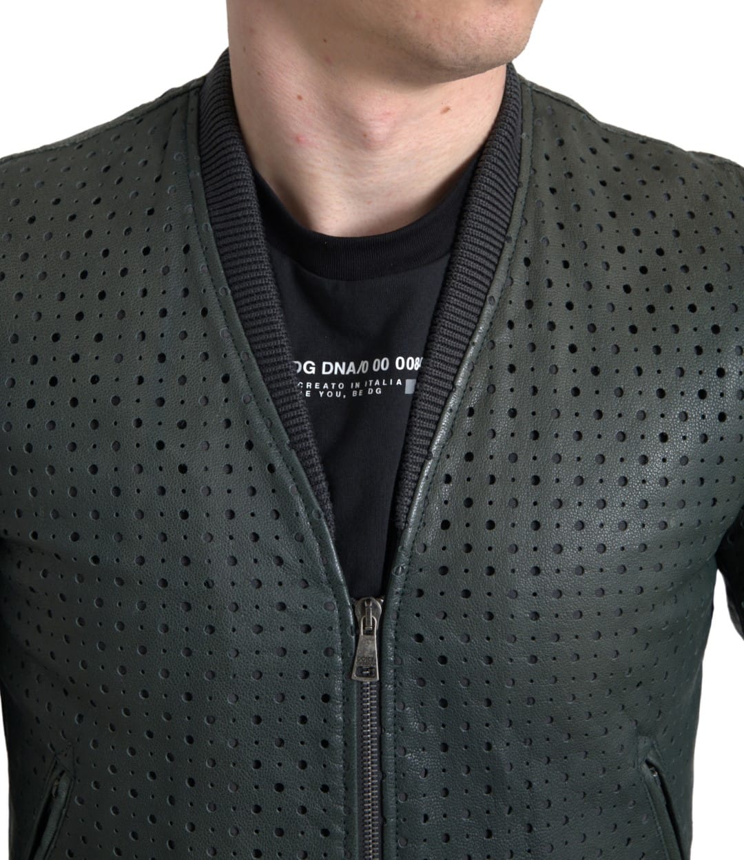 Dolce & Gabbana Green Perforated Leather Bomber Jacket - Image 2