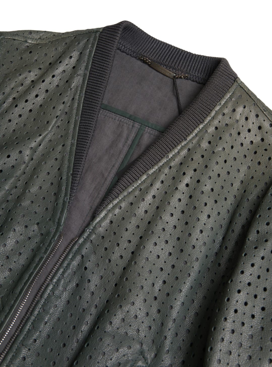 Dolce & Gabbana Green Perforated Leather Bomber Jacket - Image 3