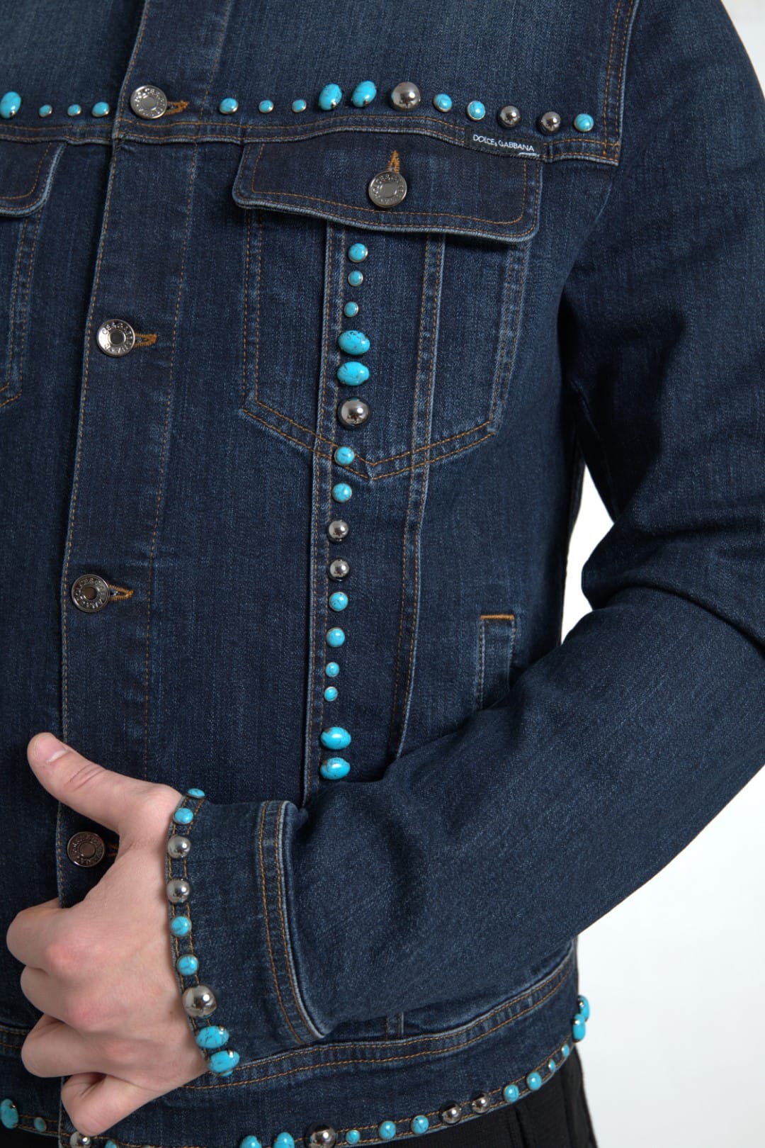 Dolce & Gabbana Blue Denim Turquoise Stones Studded Jacket - Image 6