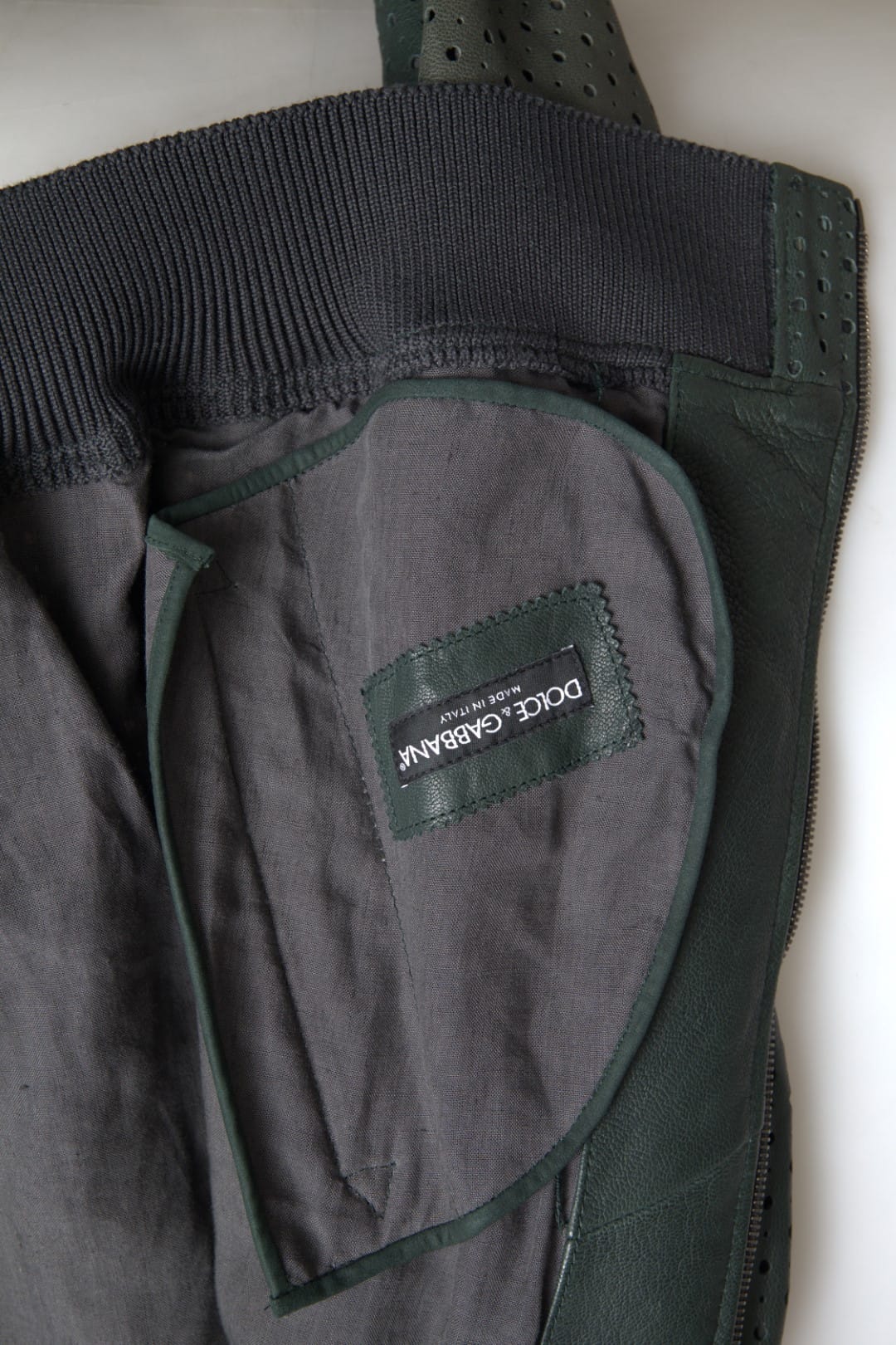 Dolce & Gabbana Green Perforated Leather Bomber Jacket - Image 4