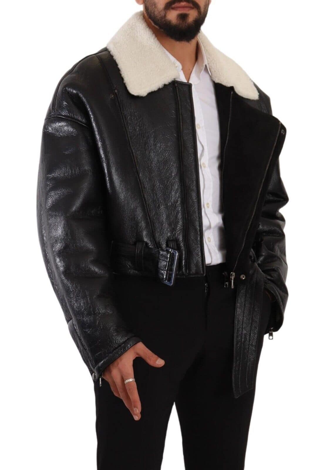 Dolce & Gabbana Black Leather Shearling Biker Coat Jacket - Image 8