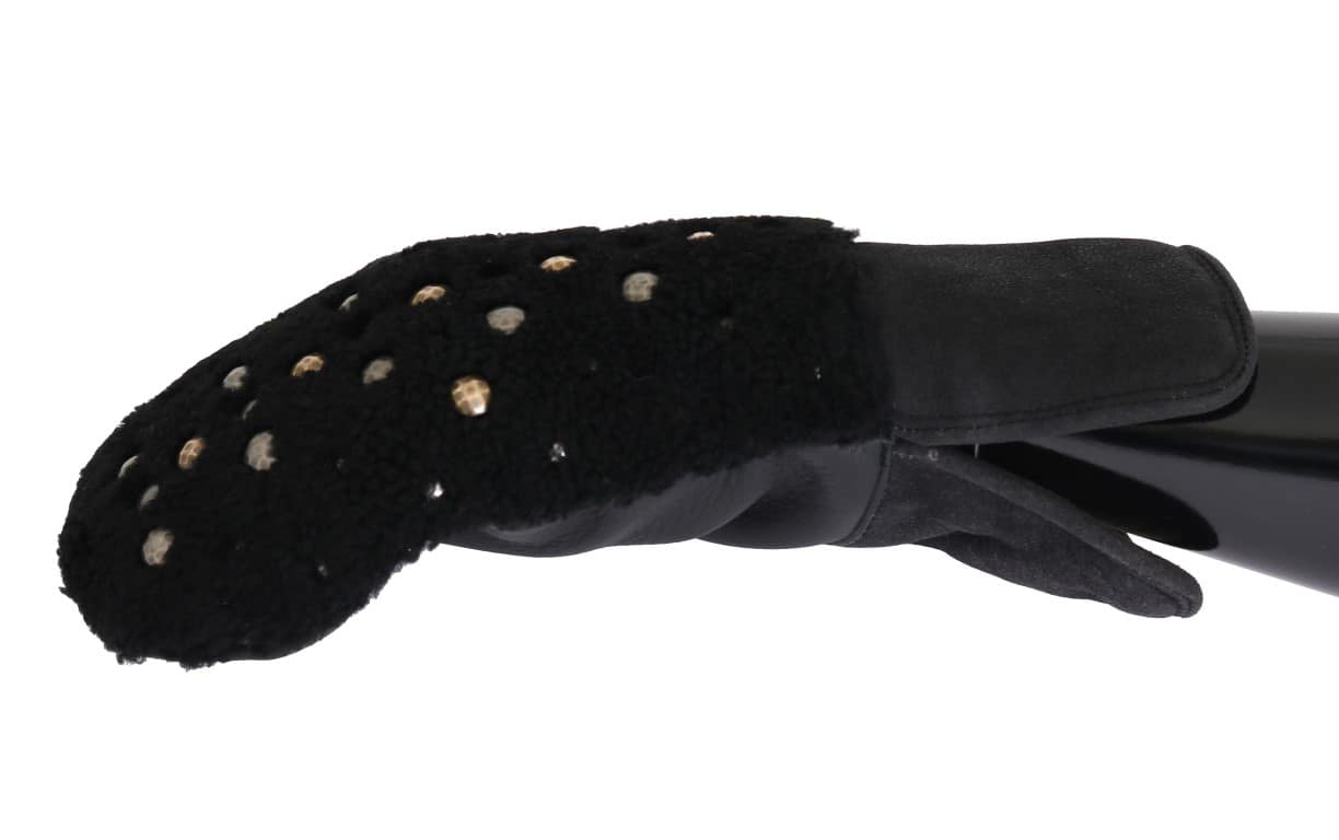 Dolce & Gabbana Black Leather Shearling Studded Gloves - Image 2