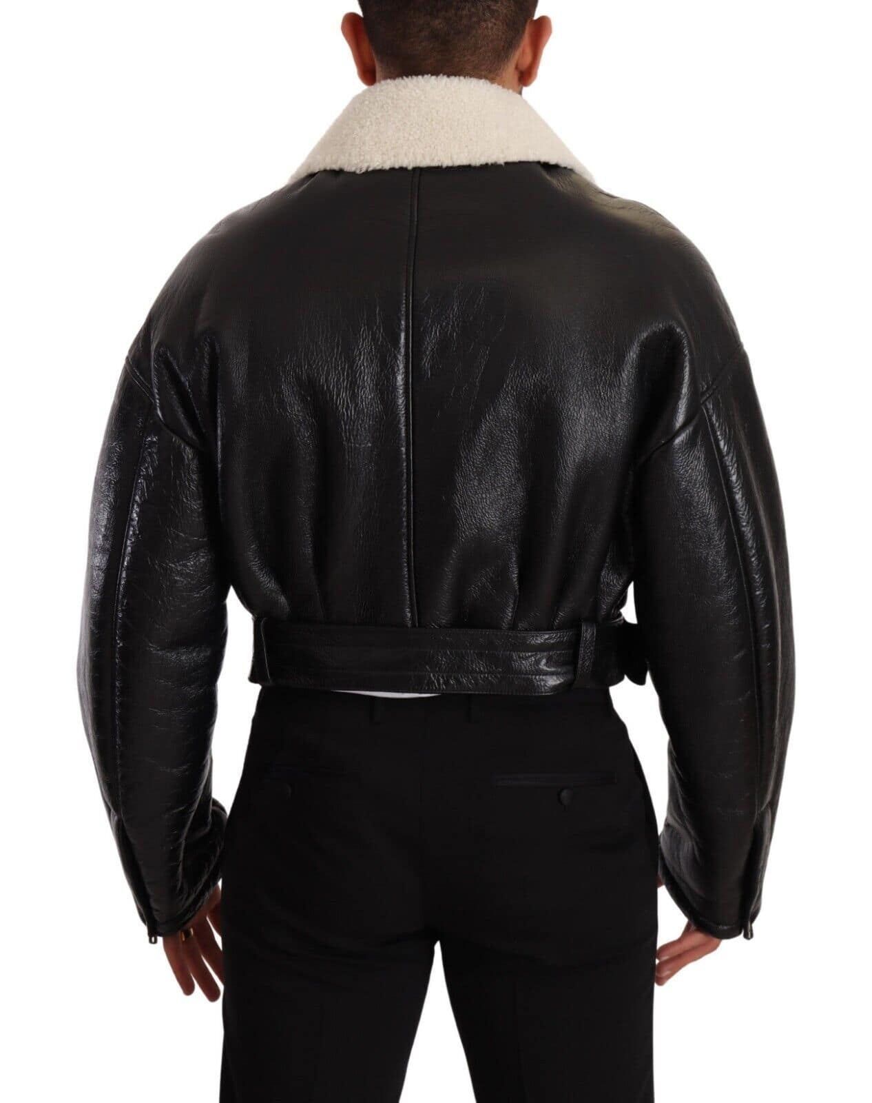 Dolce & Gabbana Black Leather Shearling Biker Coat Jacket - Image 3