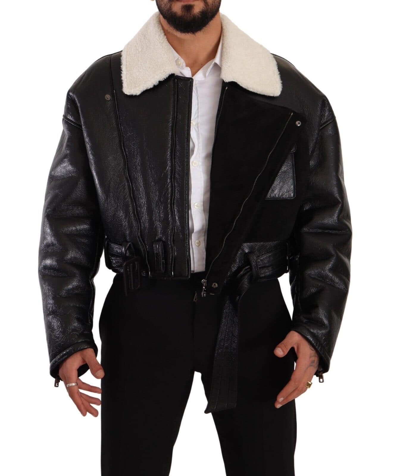 Dolce & Gabbana Black Leather Shearling Biker Coat Jacket - Image 6