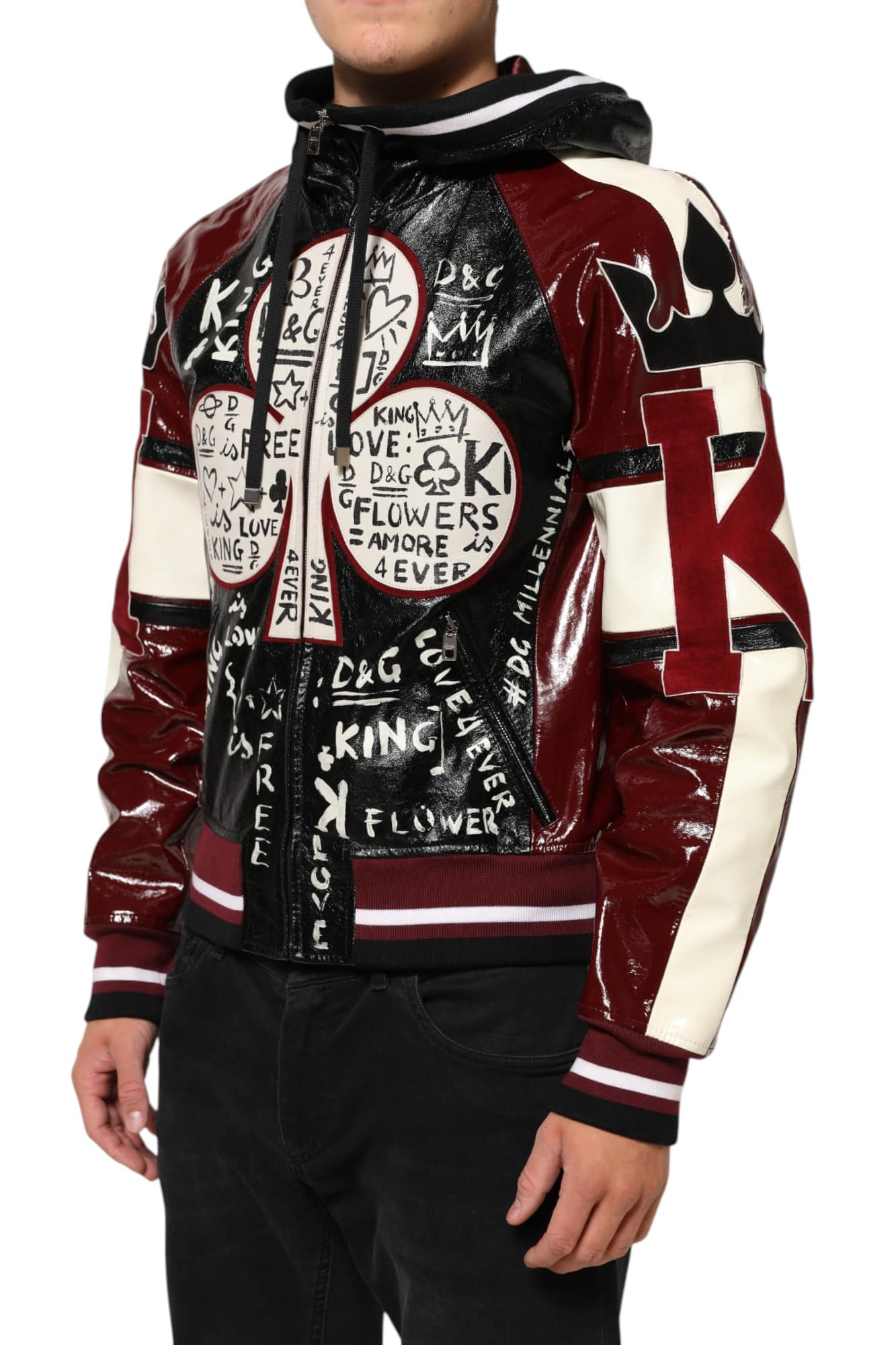 Dolce & Gabbana Multicolor Hooded Leather DG King Men Biker Jacket - Image 3