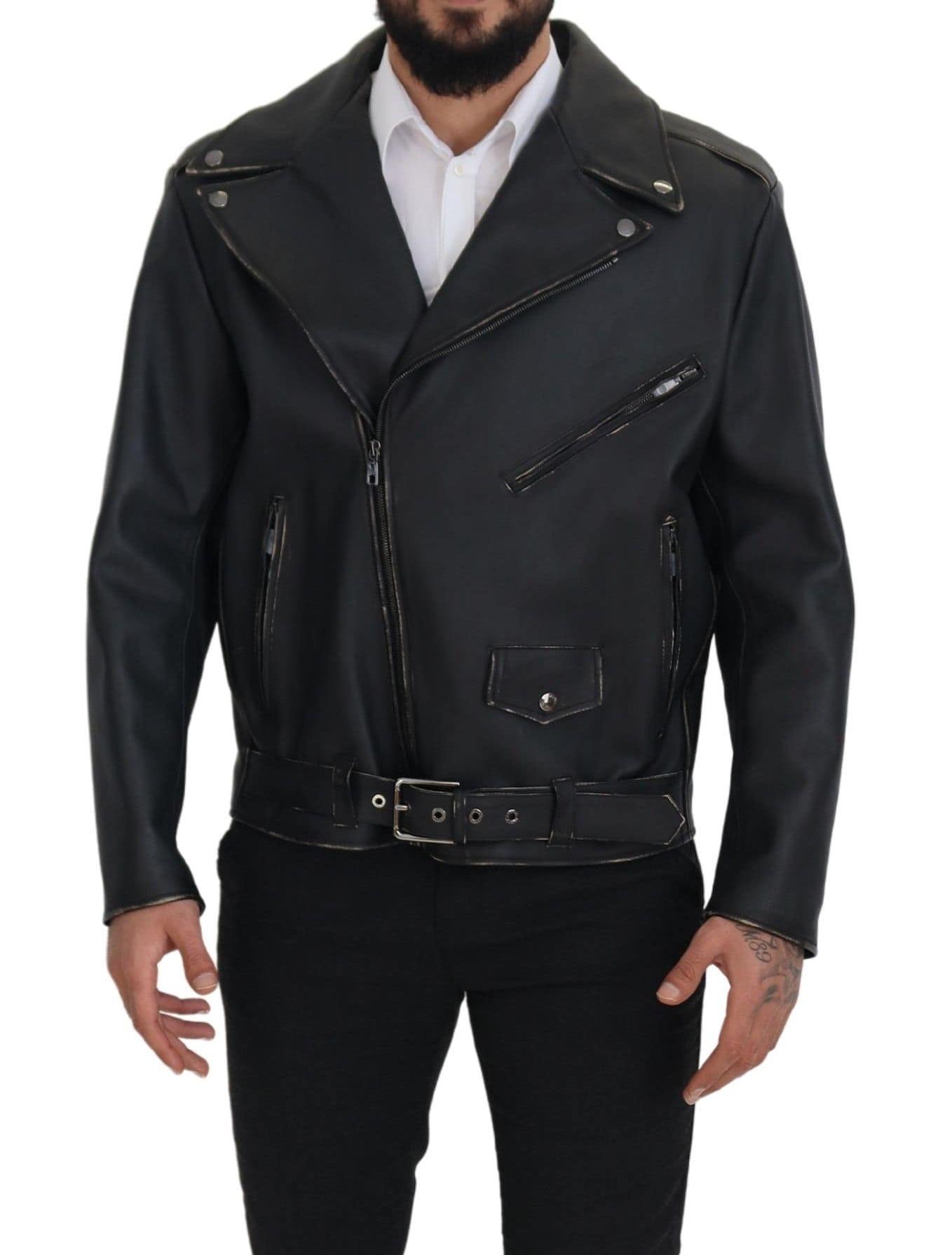 Dolce & Gabbana Black Leather Biker Coat Zipper Jacket - Image 5