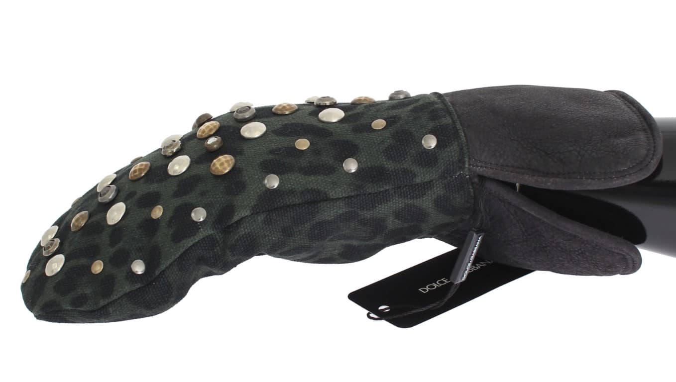 Dolce & Gabbana Gray Wool Shearling Studded Green Leopard Gloves - Image 2