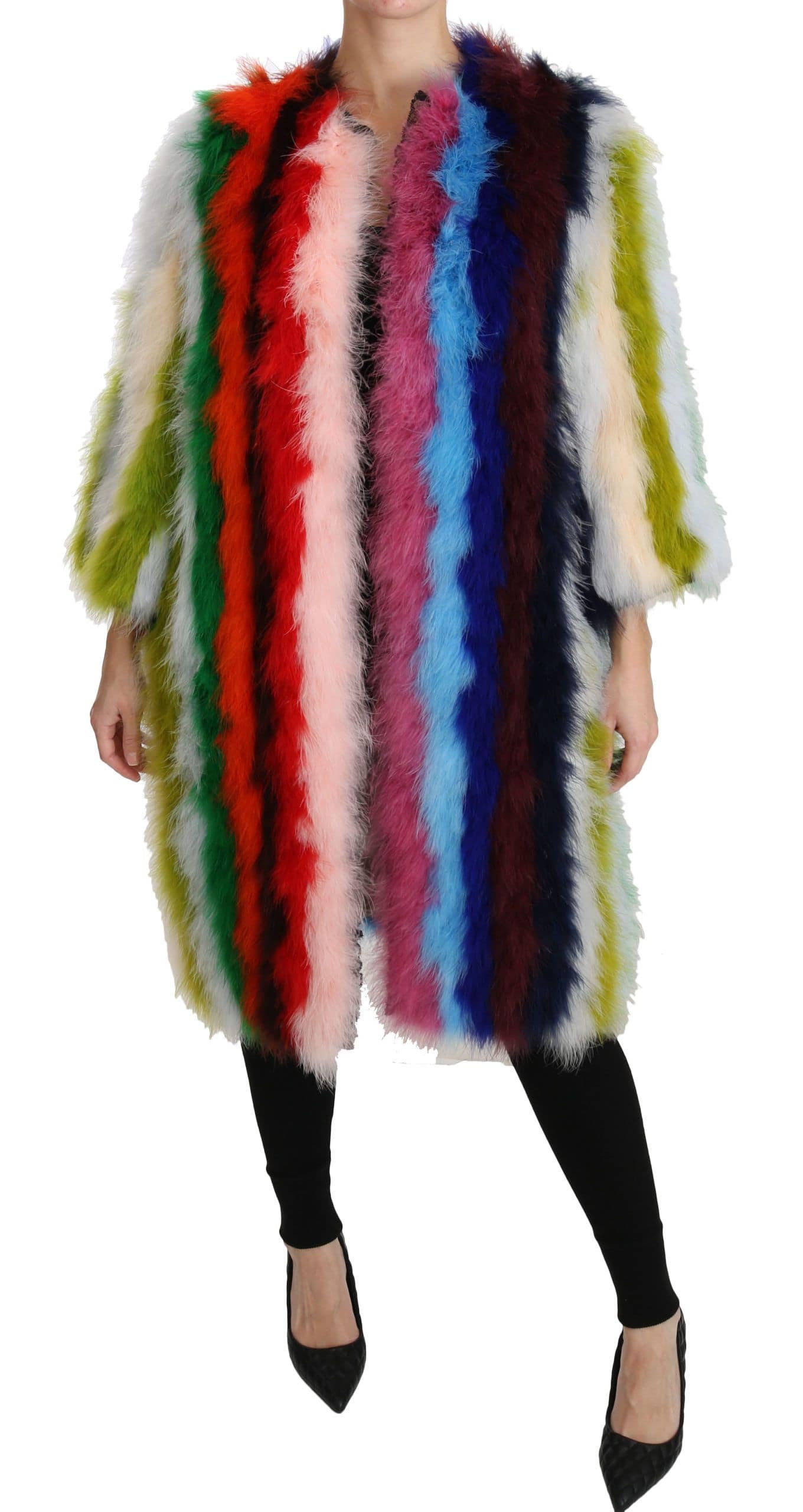 Dolce & Gabbana Multicolor Turkey Feather Cape Fur Coat - Image 6