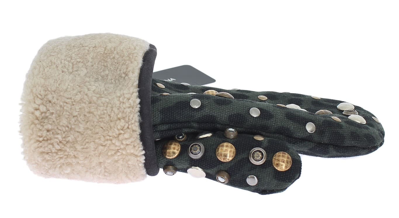 Dolce & Gabbana Gray Wool Shearling Studded Green Leopard Gloves - Image 4