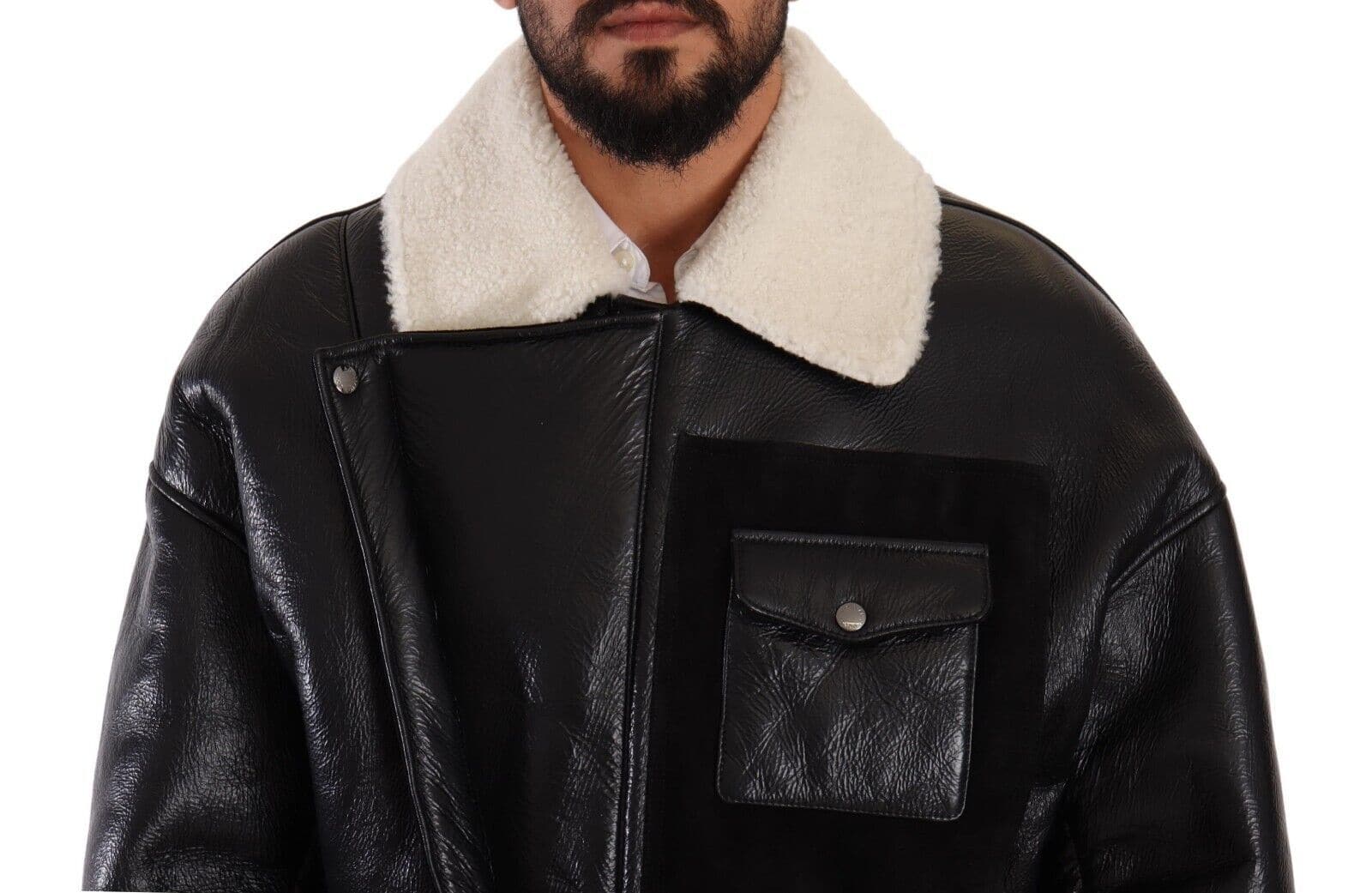 Dolce & Gabbana Black Leather Shearling Biker Coat Jacket - Image 4