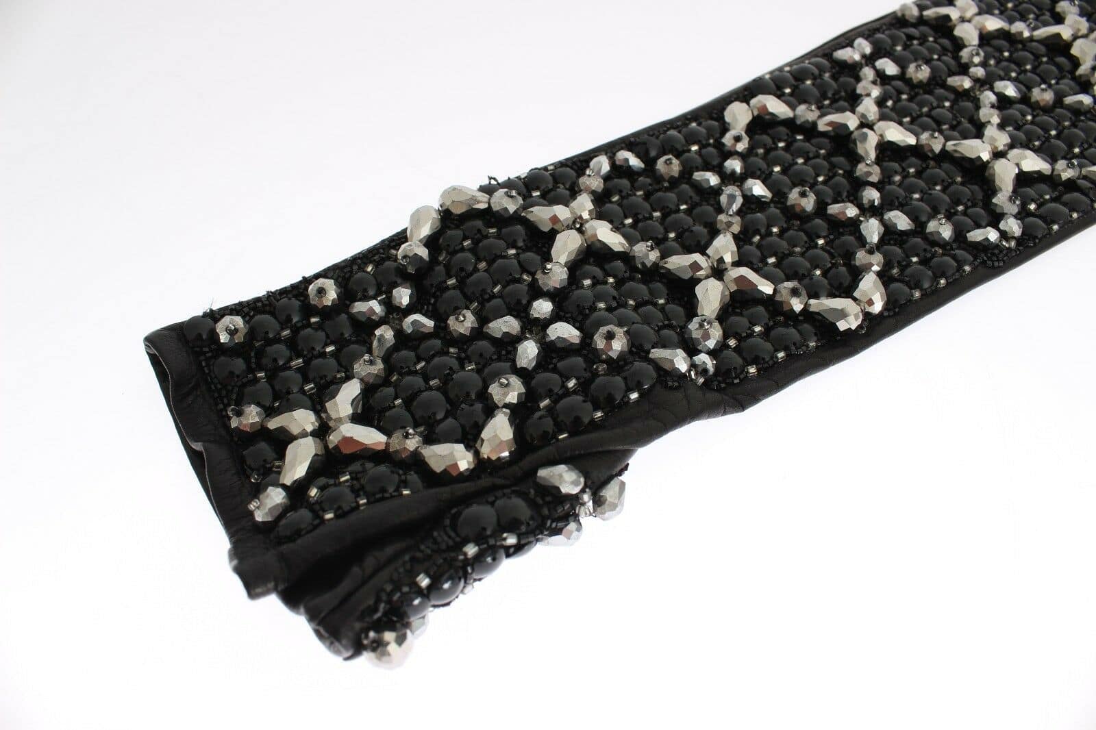 Dolce & Gabbana Black Leather Crystal Beaded Finger Free Gloves - Image 3