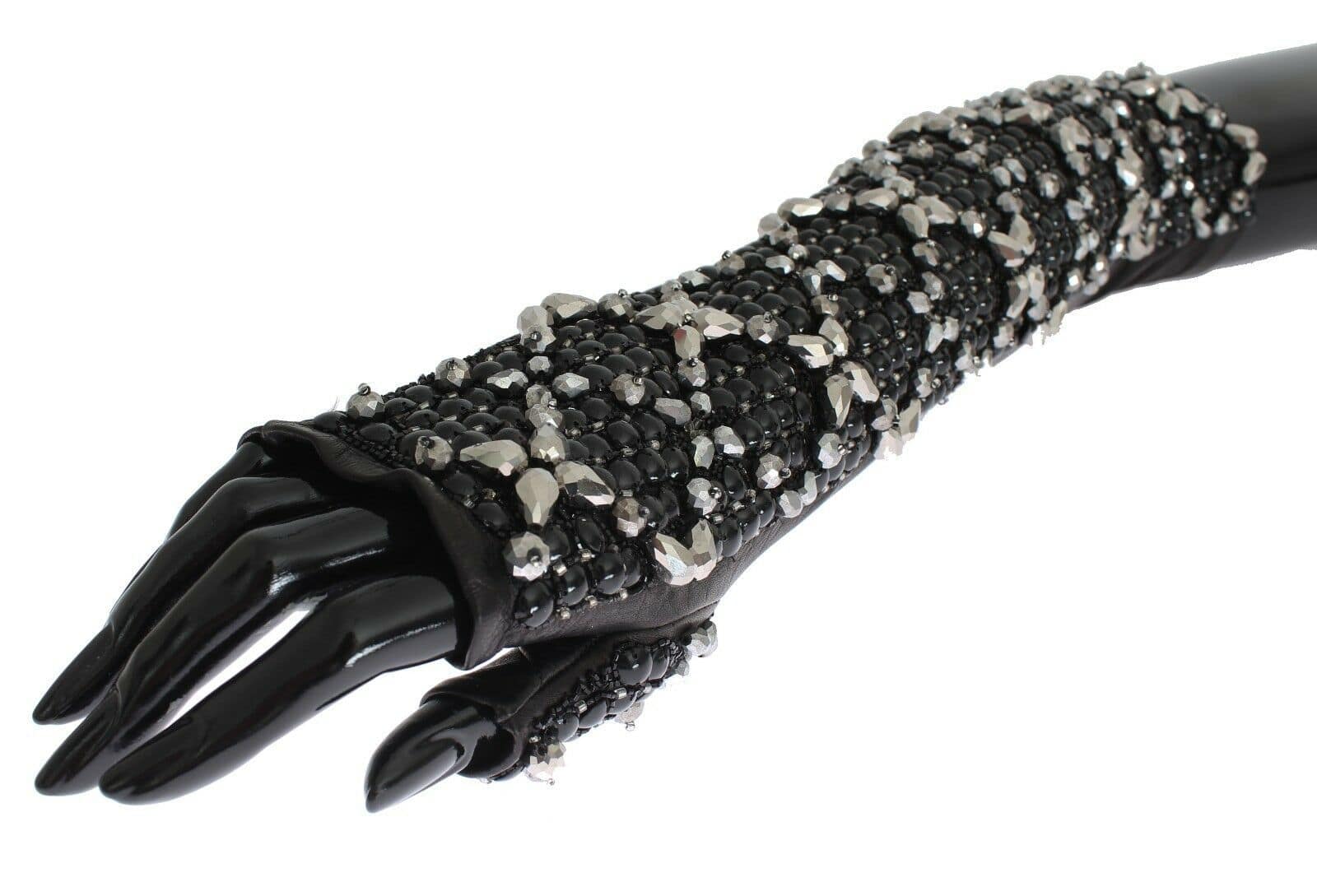 Dolce & Gabbana Black Leather Crystal Beaded Finger Free Gloves - Image 6