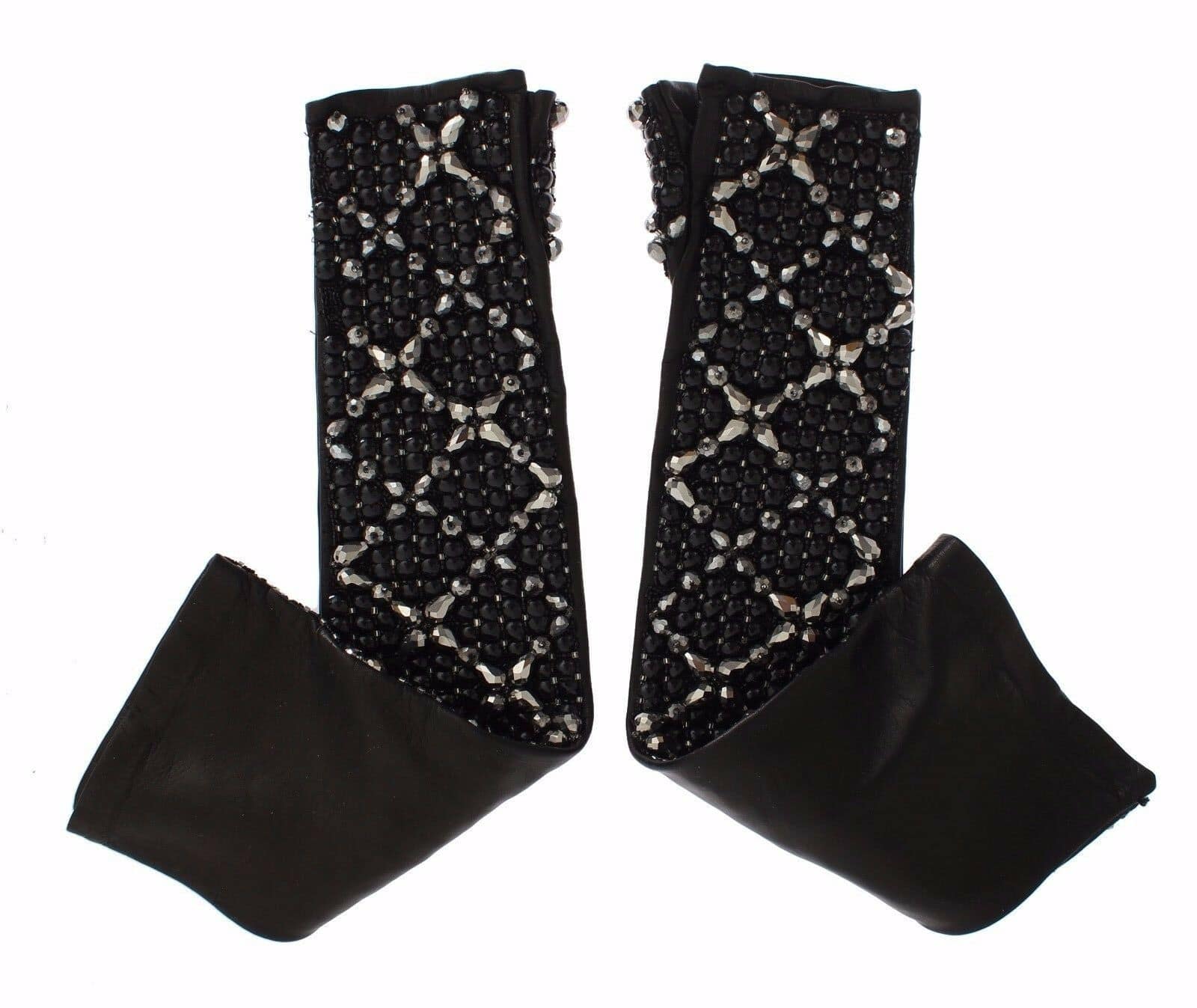 Dolce & Gabbana Black Leather Crystal Beaded Finger Free Gloves - Image 7