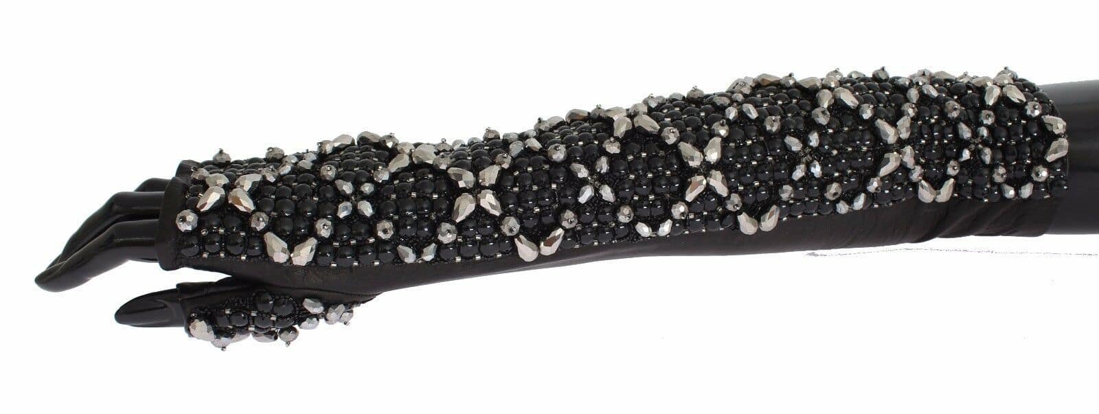 Dolce & Gabbana Black Leather Crystal Beaded Finger Free Gloves - Image 5
