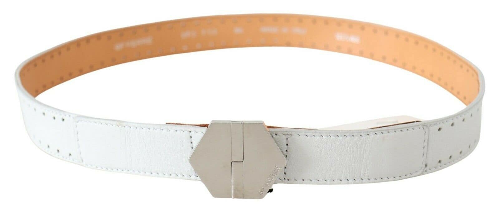 GF Ferre White Leather Hexagon Logo Buckle Waist Belt - Image 3