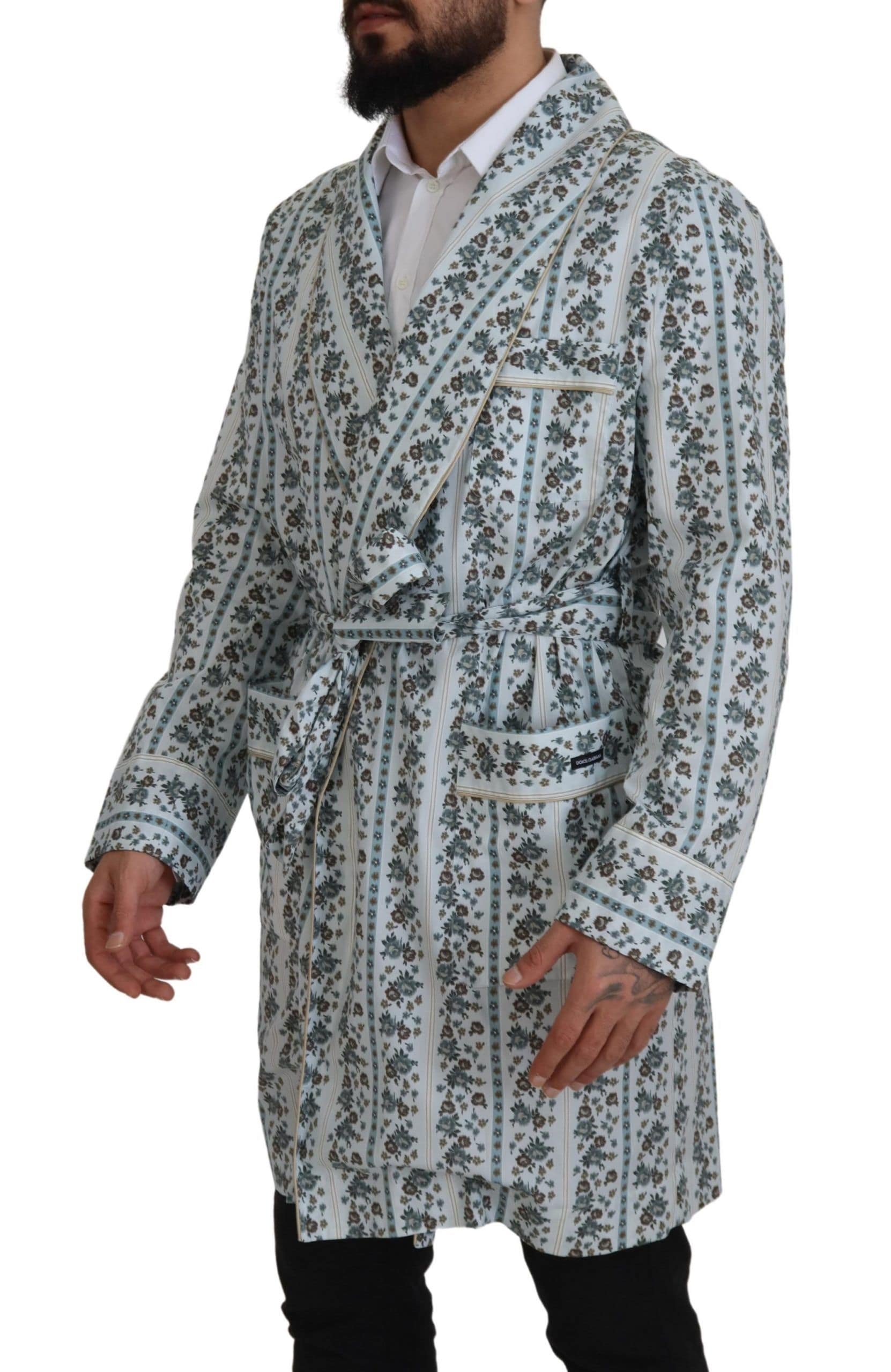 Dolce & Gabbana Blue Floral Cotton Robe Coat Jacket - Image 5