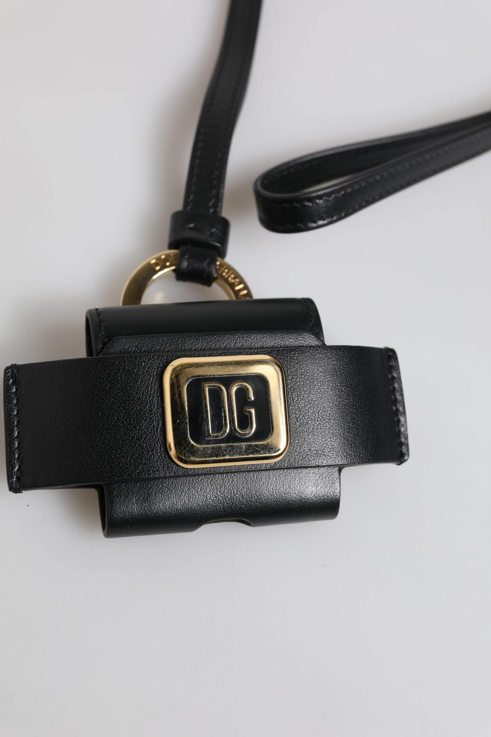 Dolce & Gabbana Black Leather Strap Gold Metal Logo Plaque Airpods Case - Image 3