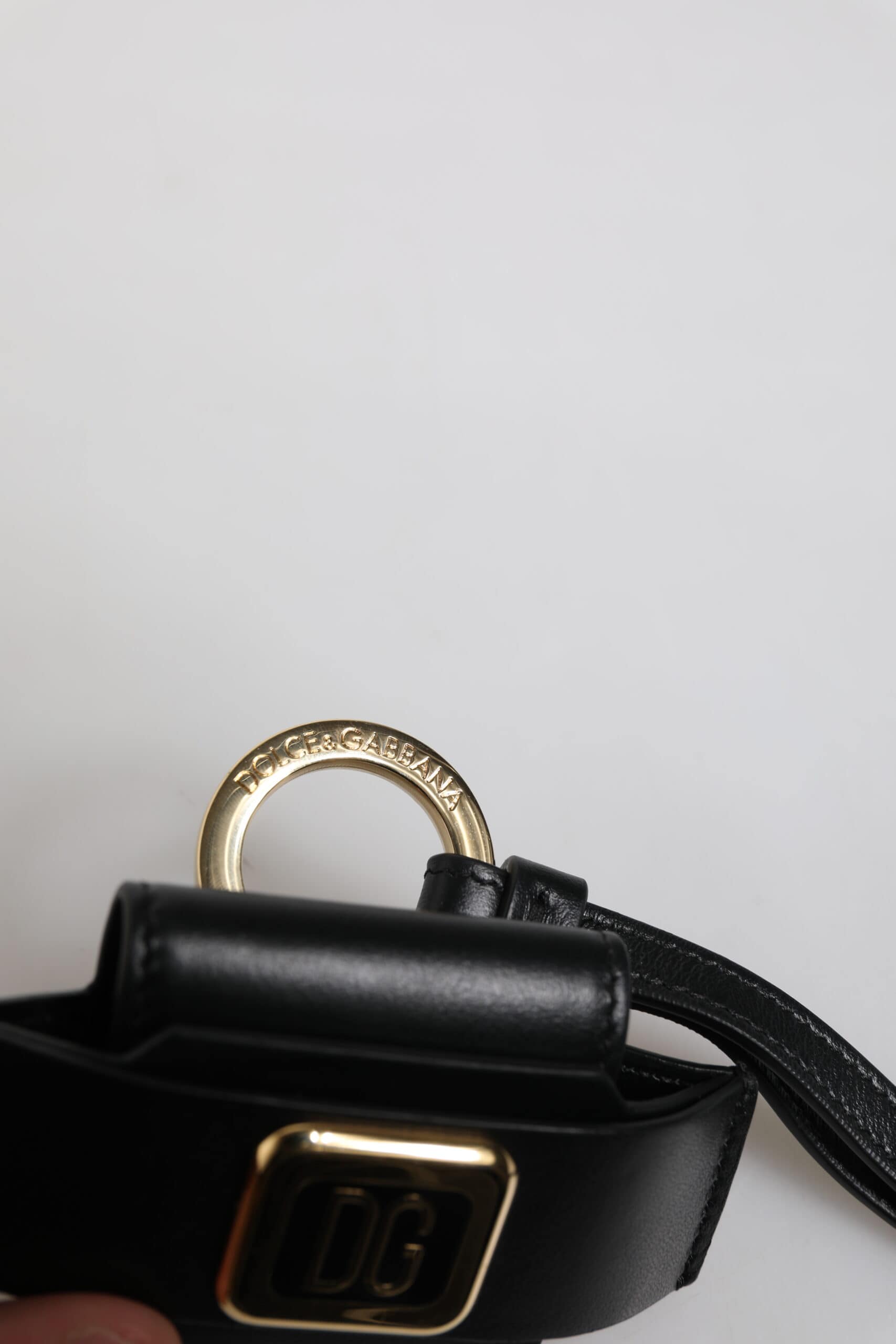 Dolce & Gabbana Black Leather Strap Gold Metal Logo Plaque Airpods Case - Image 7