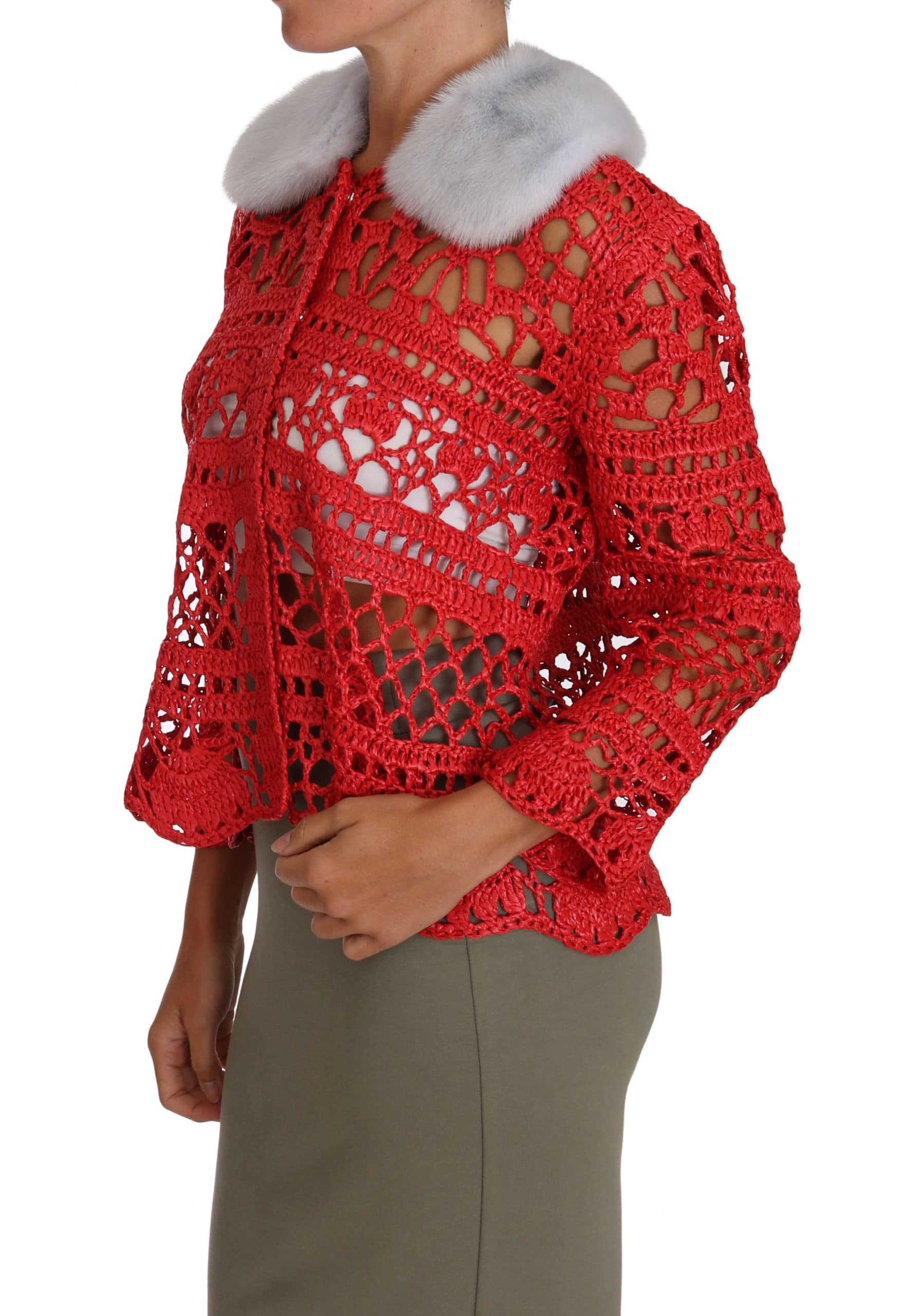Dolce & Gabbana Red Cardigan Crochet Knit Raffia Sweater - Image 4
