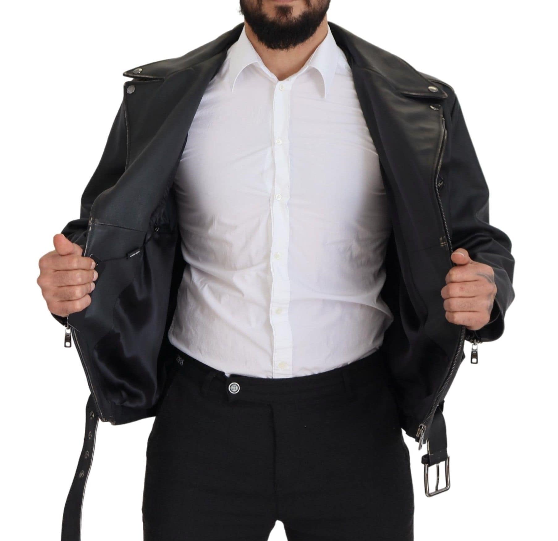 Dolce & Gabbana Black Leather Biker Coat Zipper Jacket - Image 6