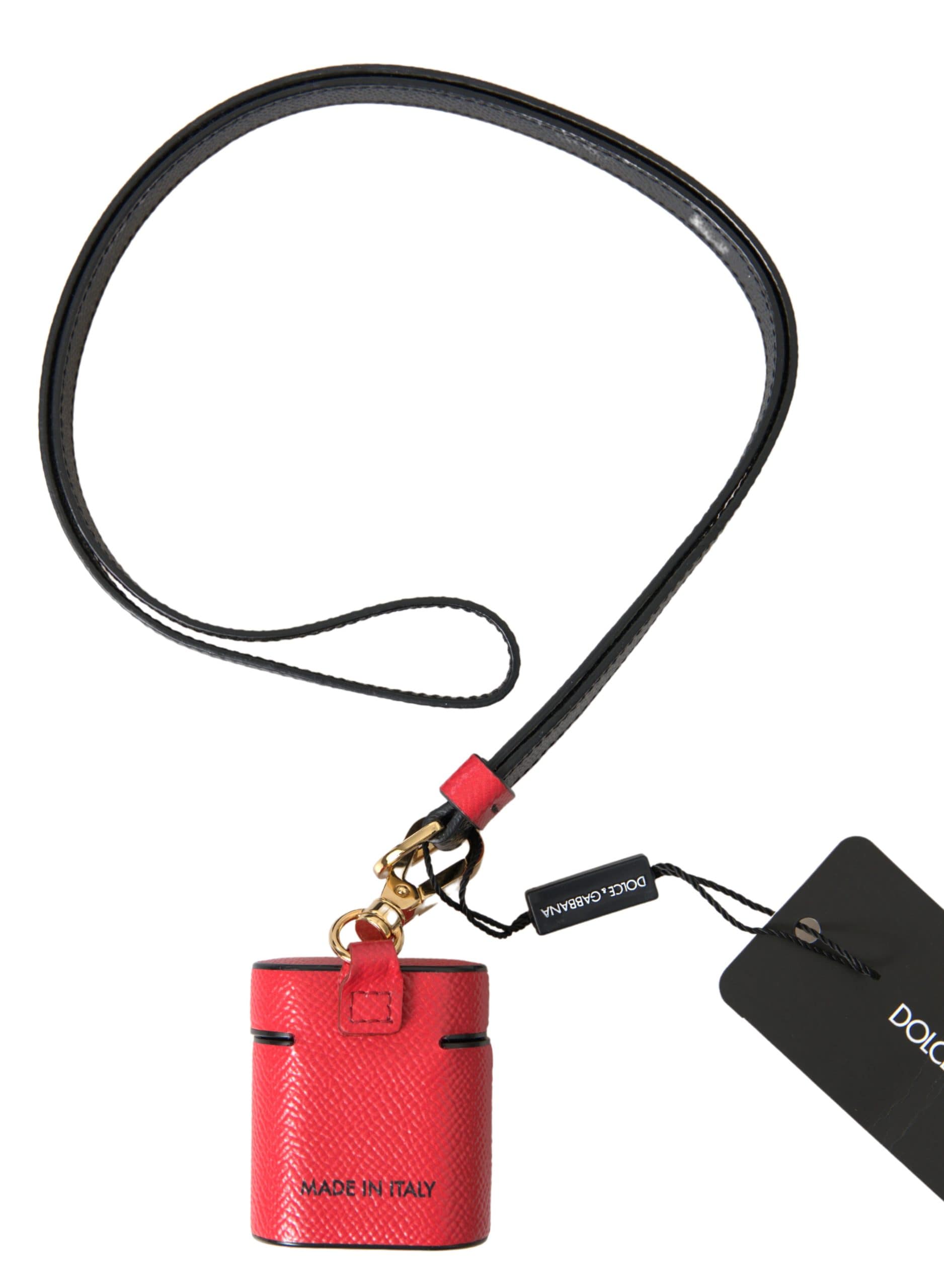 Dolce & Gabbana Red Black Calf Leather Logo Print Strap Airpods Case - Image 6