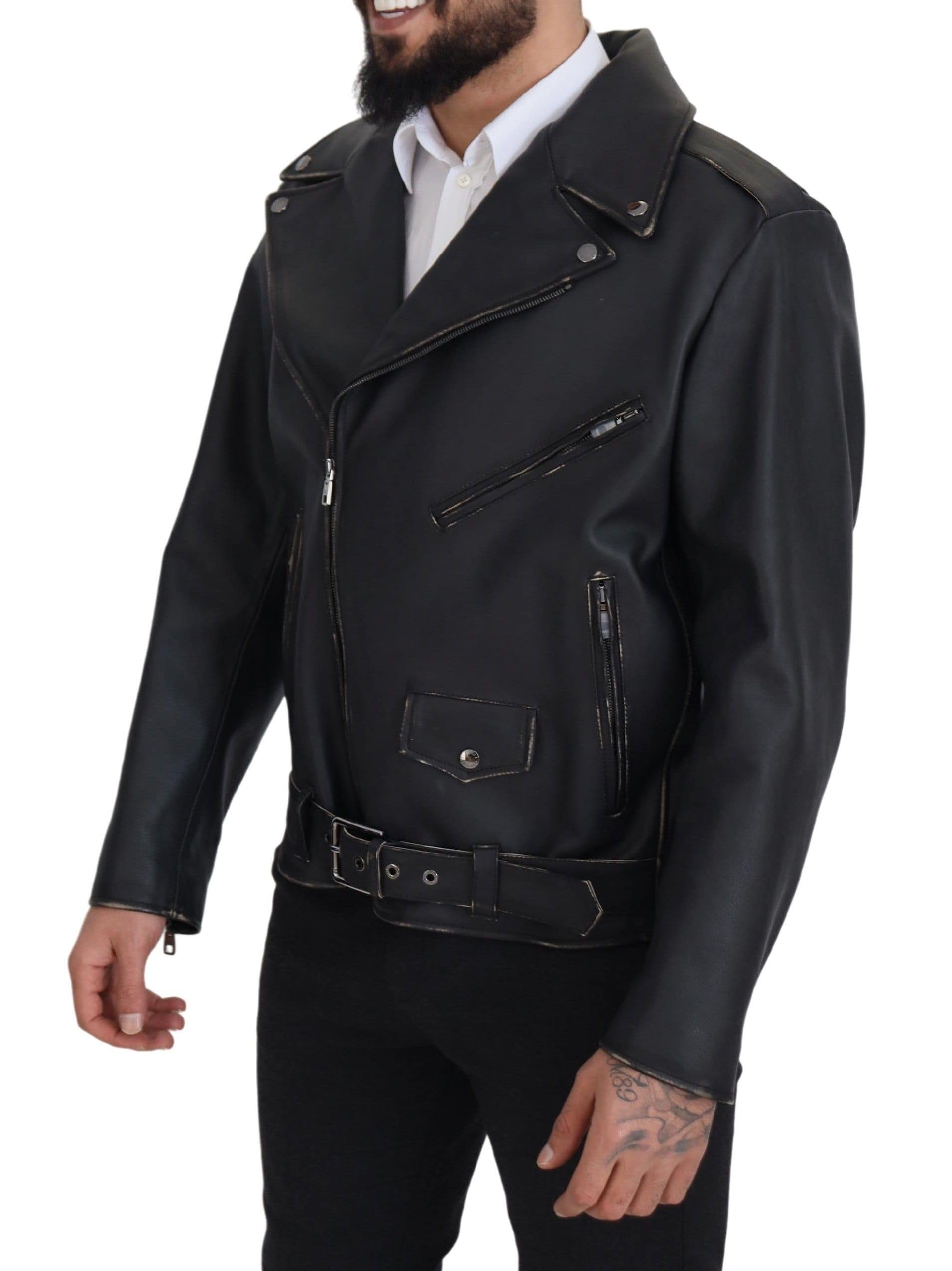 Dolce & Gabbana Black Leather Biker Coat Zipper Jacket - Image 2