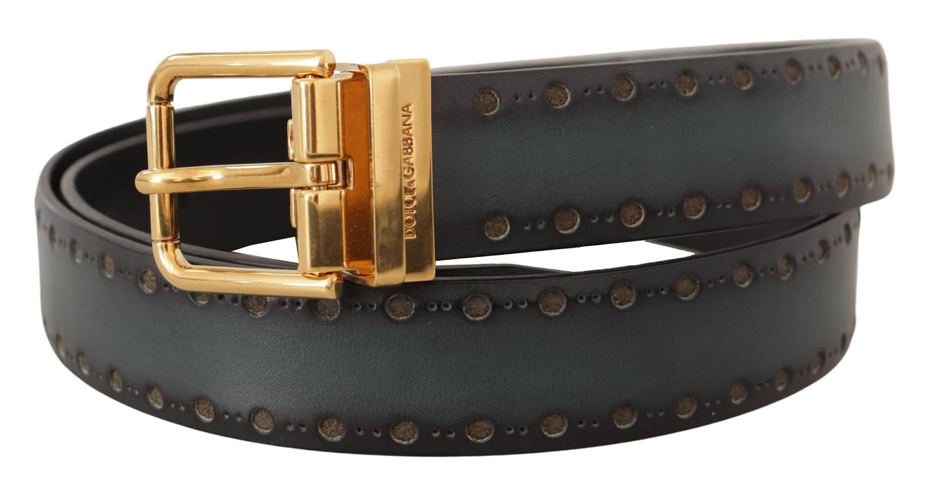 Dolce & Gabbana Green Perforated Leather Brass Metal Belt - Image 2