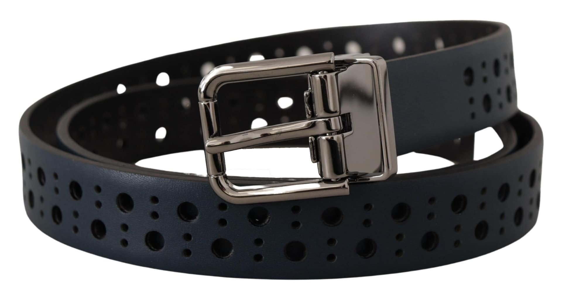 Dolce & Gabbana Navy Blue Perforated Leather Skinny Metal Buckle Belt - Image 2