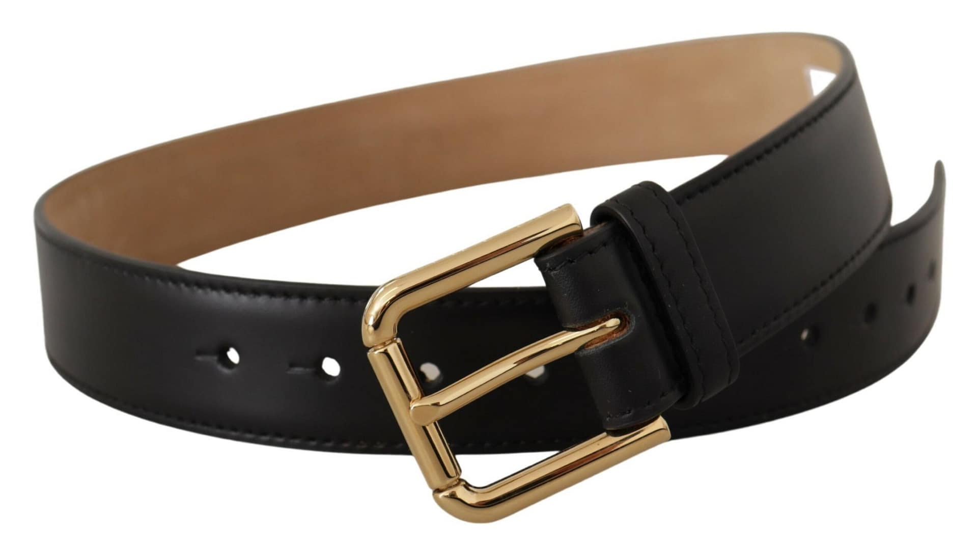Dolce & Gabbana Black Solid Leather Classic Gold Waist Buckle Belt - Image 2