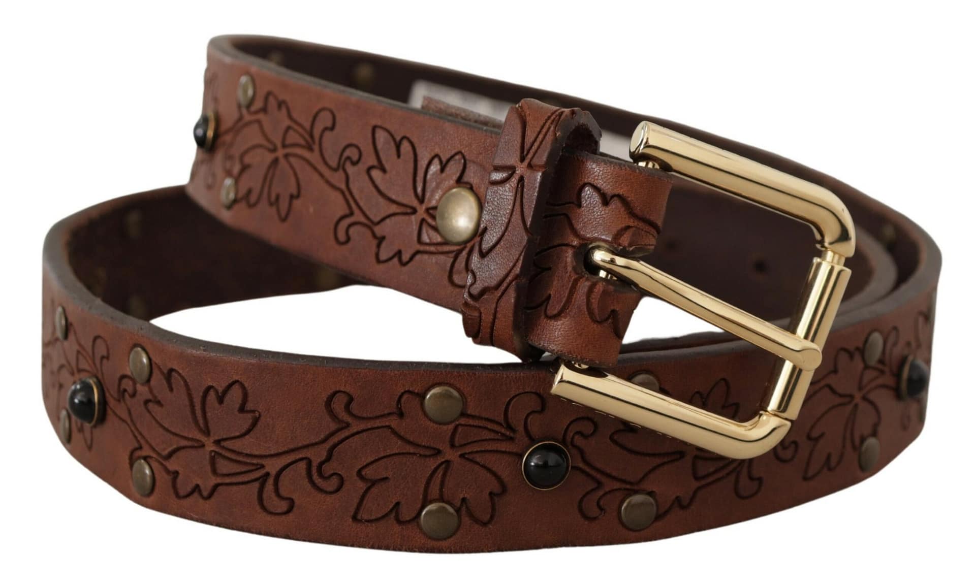 Dolce & Gabbana Brown Leather Floral Studded Metal Buckle Belt - Image 3