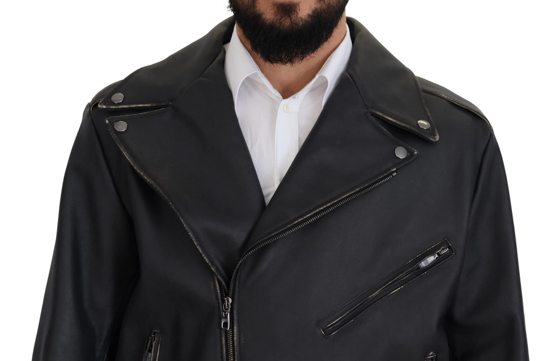 Dolce & Gabbana Black Leather Biker Coat Zipper Jacket - Image 4