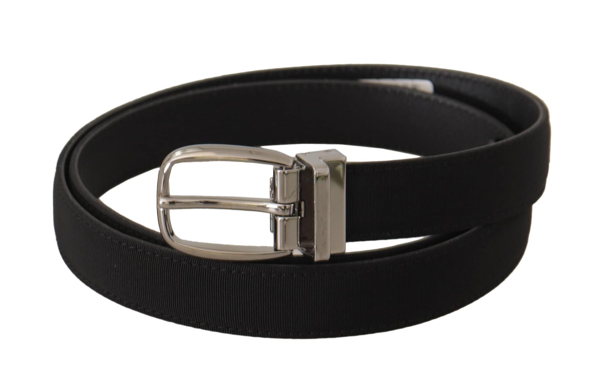 Dolce & Gabbana Black Calf Canvas Silver Tone Logo Metal Belt - Image 2