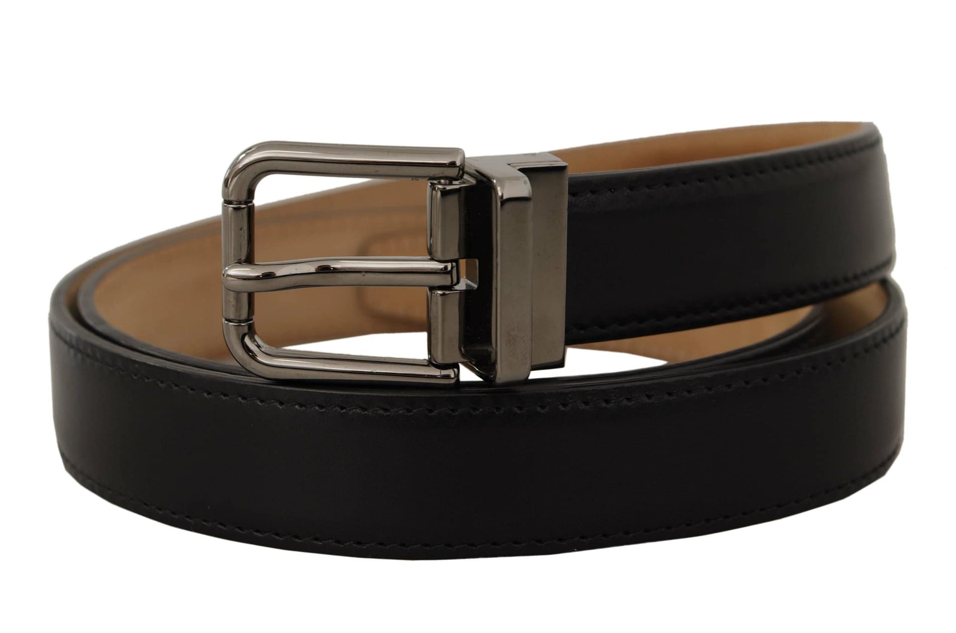 Dolce & Gabbana Black Calf Leather Logo Engraved Metal Buckle Belt - Image 5