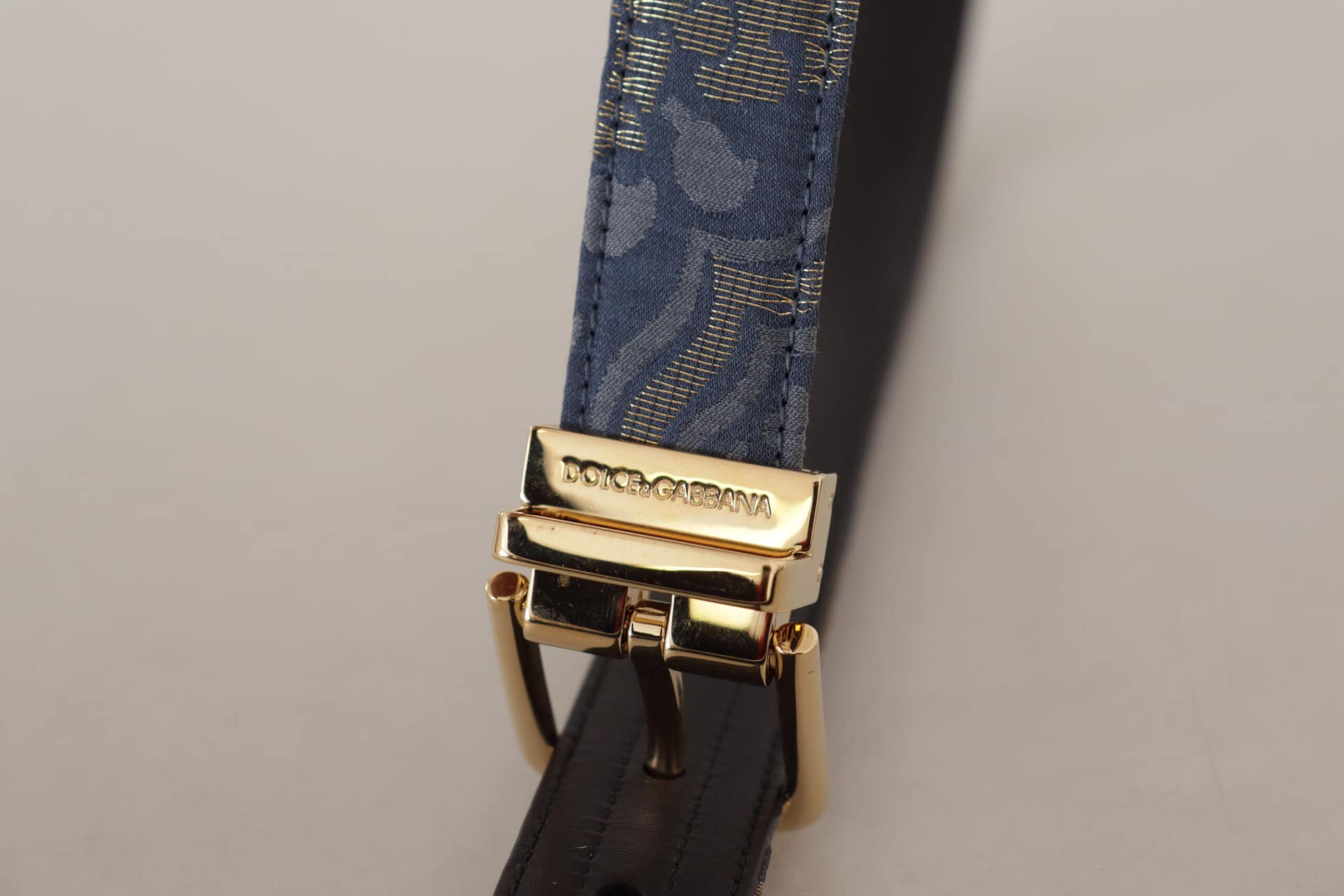 Dolce & Gabbana Navy Blue Jacquard Gold Tone Logo Metal Buckle Belt - Image 3
