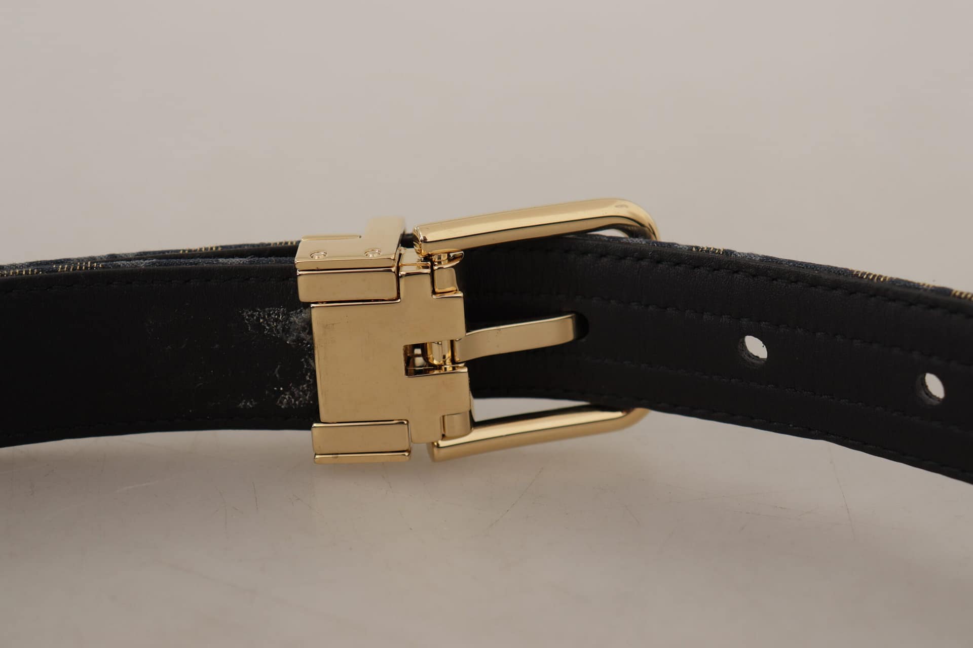 Dolce & Gabbana Navy Blue Jacquard Gold Tone Logo Metal Buckle Belt - Image 6