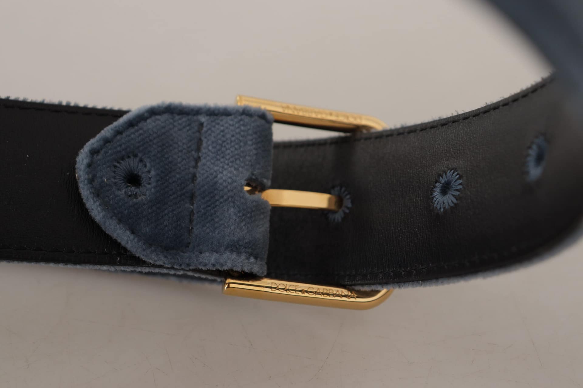 Dolce & Gabbana Navy Blue Velvet Gold Metal Logo Waist Buckle Belt - Image 5
