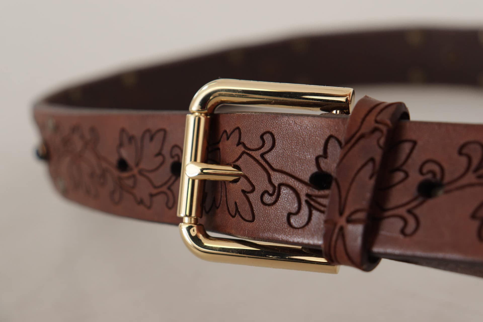 Dolce & Gabbana Brown Leather Floral Studded Metal Buckle Belt - Image 4