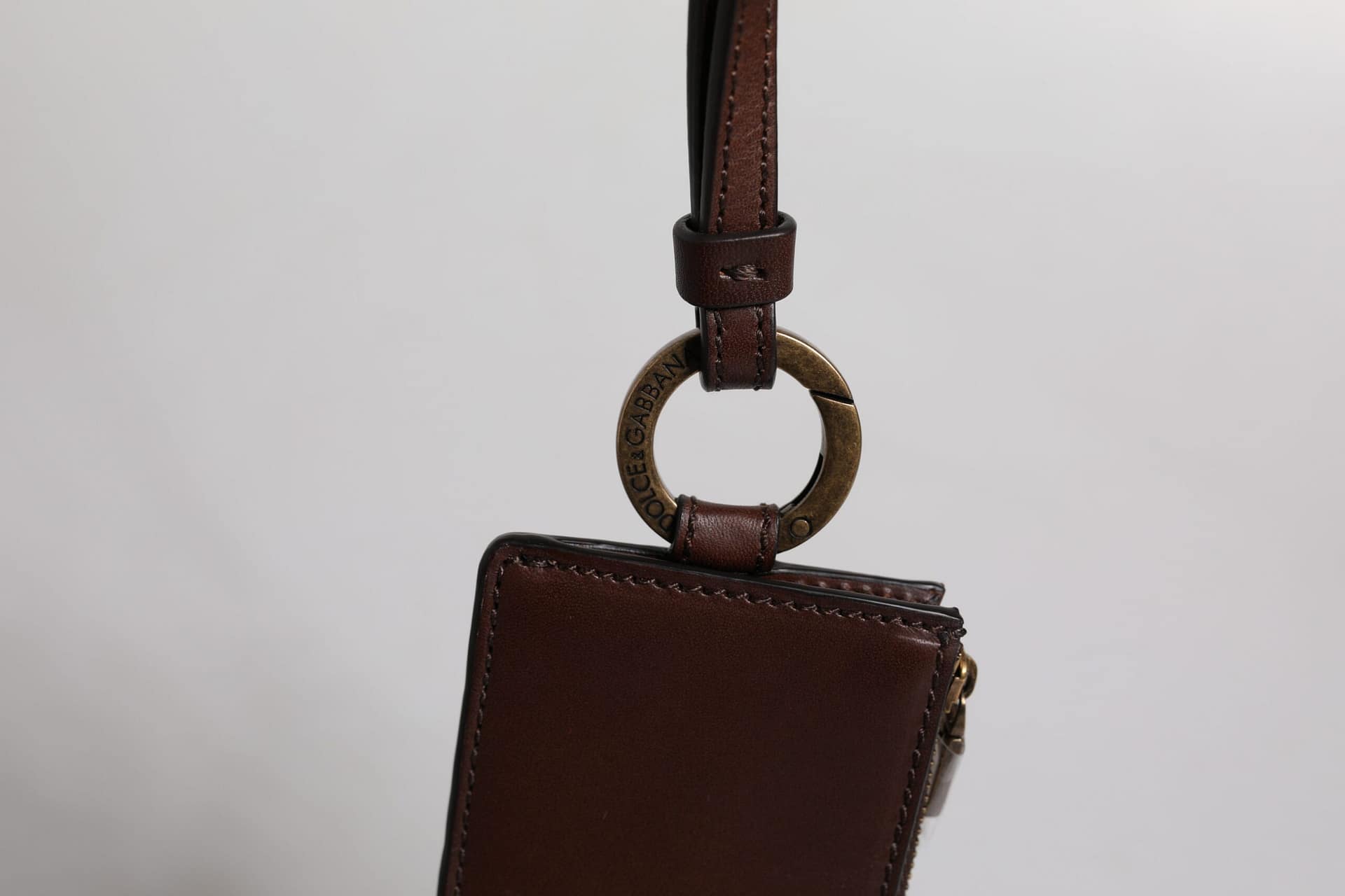 Dolce & Gabbana Brown Calf Leather Lanyard Logo Card Holder Wallet - Image 5