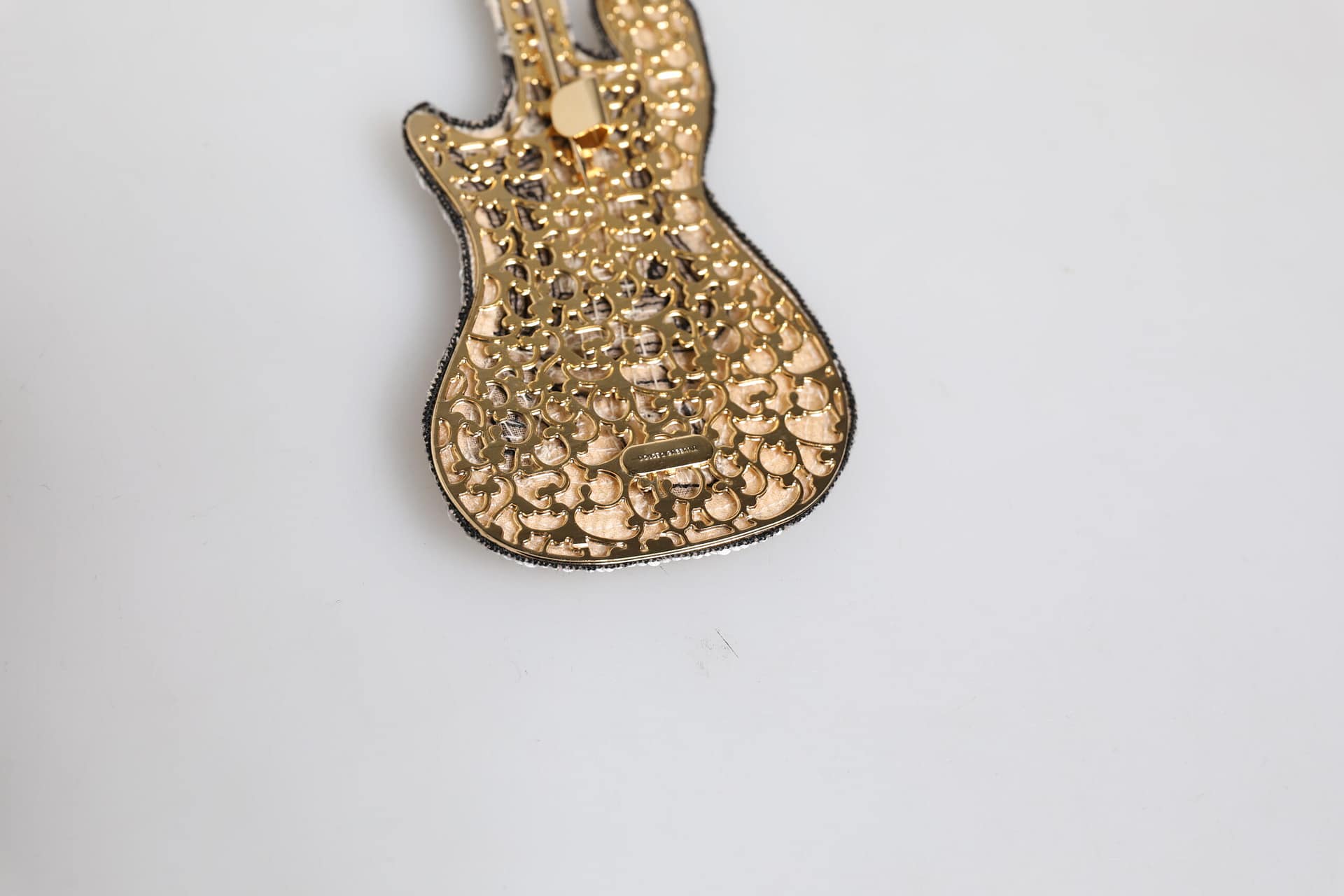 Dolce & Gabbana Gold Brass Logo Beaded Guitar Pin Brooch - Image 7