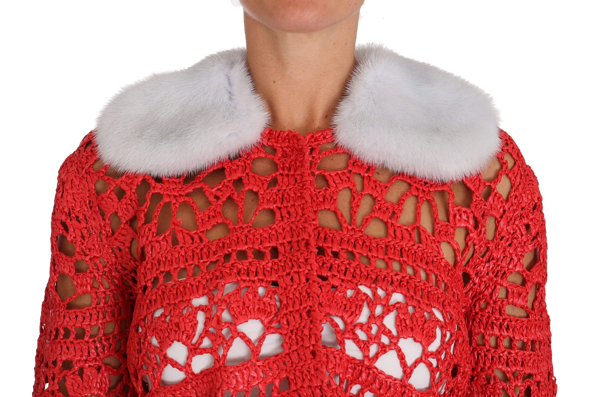 Dolce & Gabbana Red Cardigan Crochet Knit Raffia Sweater - Image 3