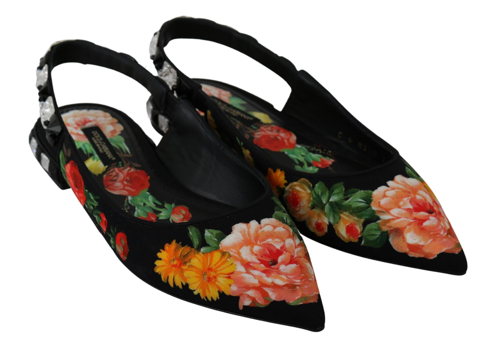 Dolce & Gabbana Black Floral Crystal Slingbacks Flats Shoes - Image 6