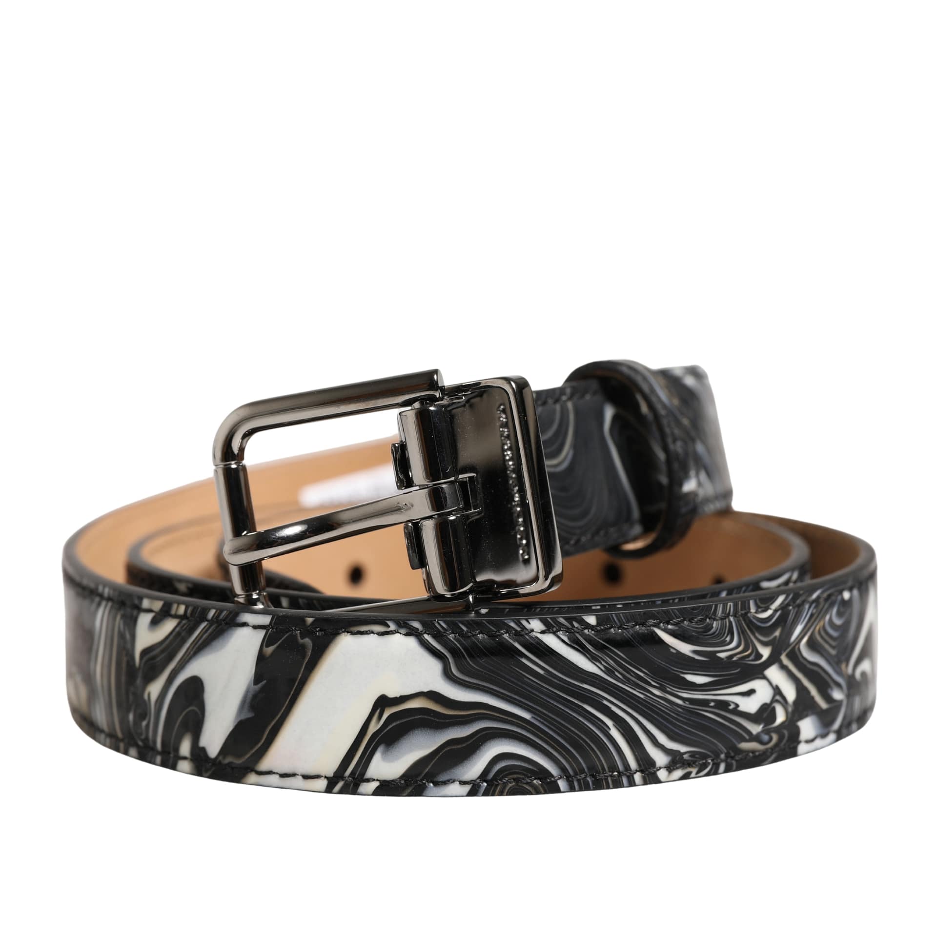 Dolce & Gabbana Men Black Marble Leather Metal Buckle Belt - Image 2