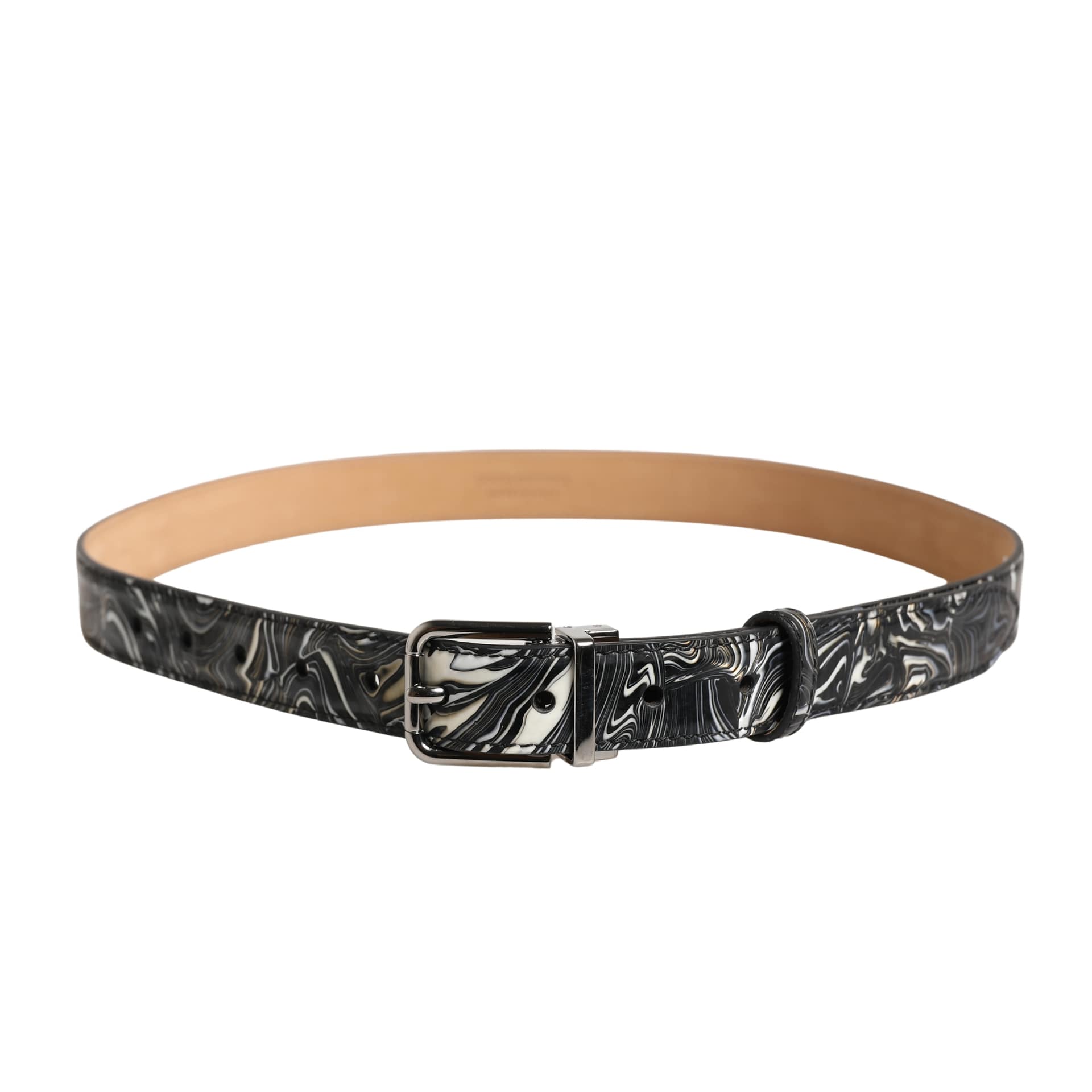 Dolce & Gabbana Men Black Marble Leather Metal Buckle Belt - Image 3