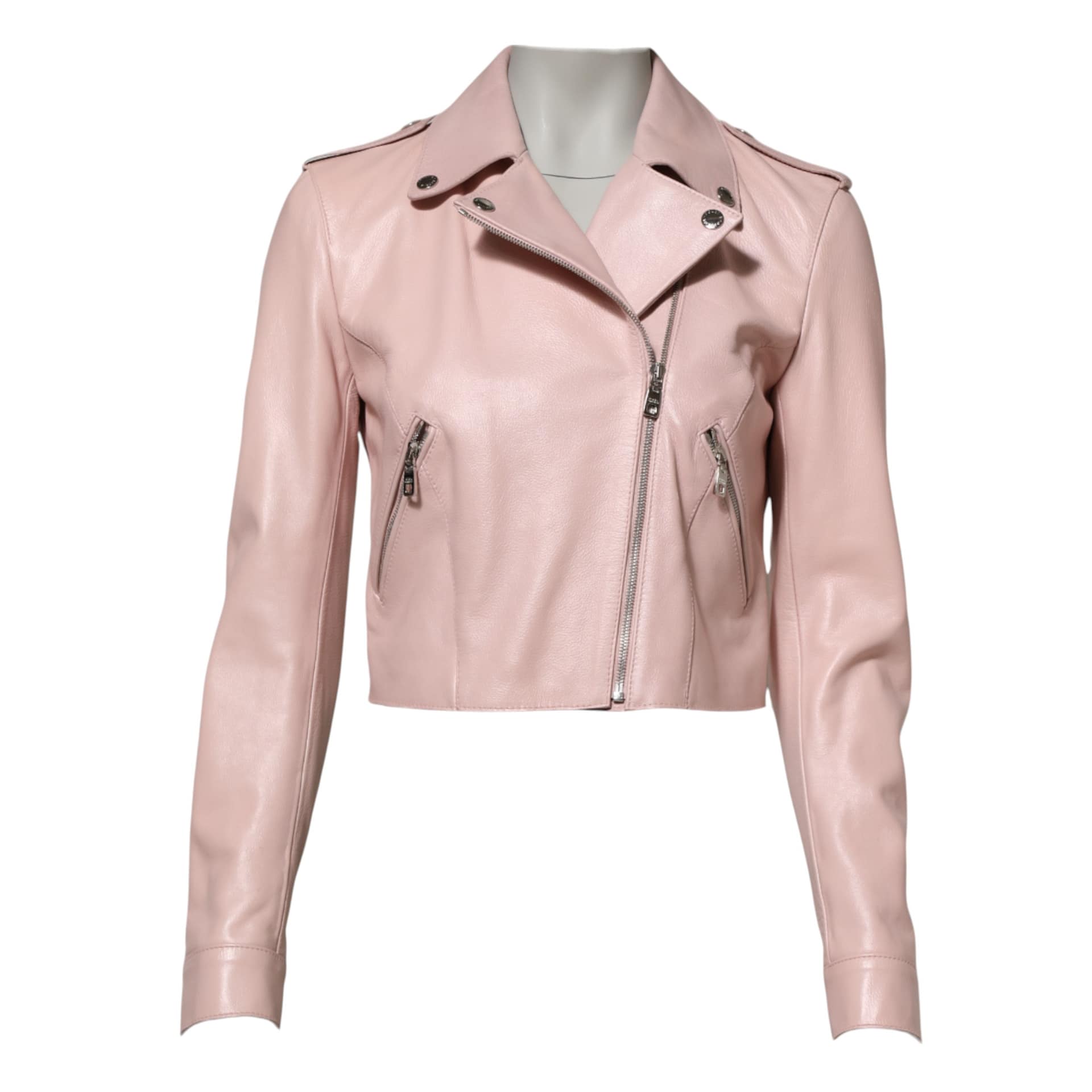 Dolce & Gabbana Light Pink Collar Leather Women Biker Jacket - Image 5