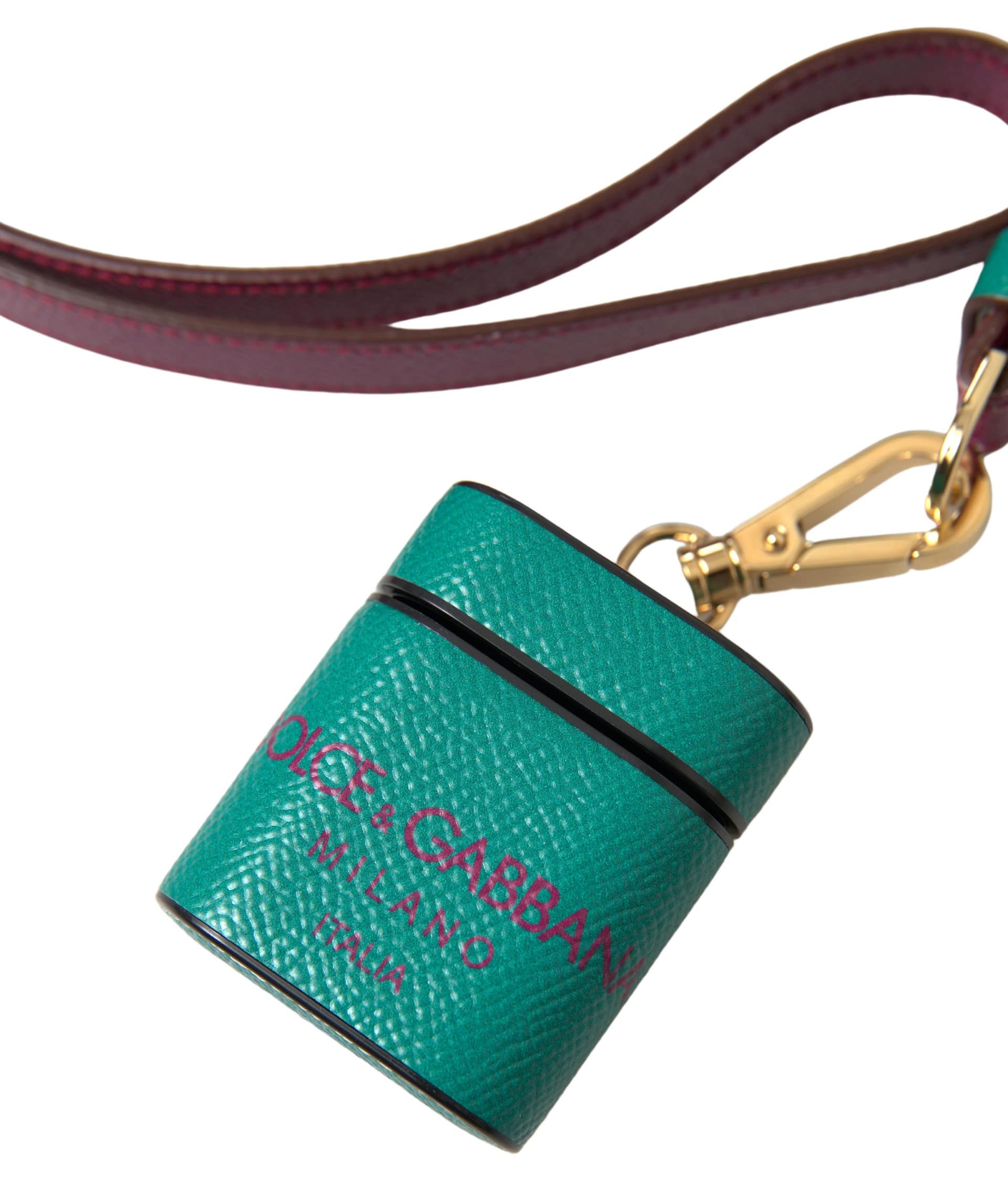Dolce & Gabbana Green Maroon Calf Leather Logo Print Strap Airpods Case - Image 4