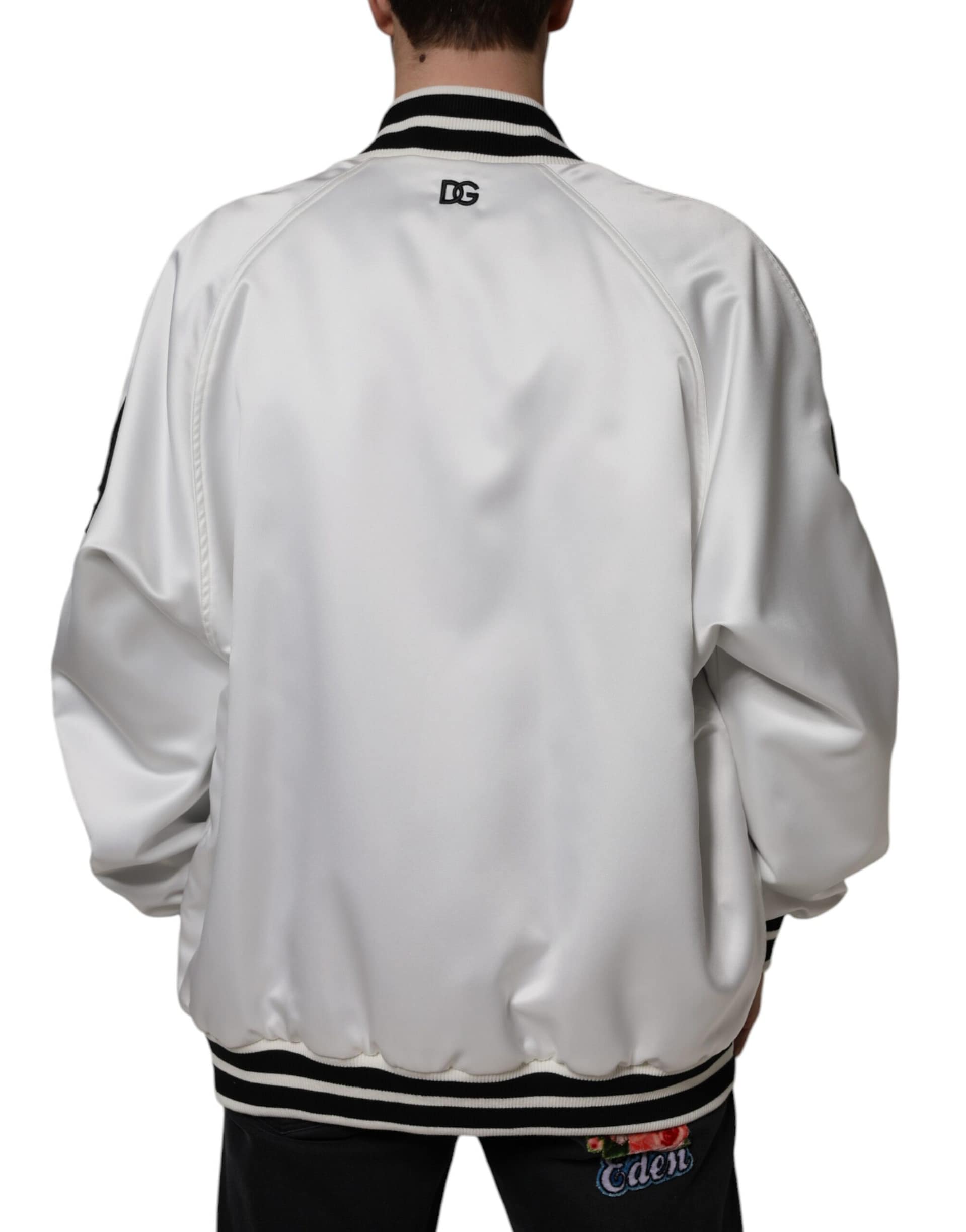 Dolce & Gabbana White Polyester Logo Full Zip Bomber Jacket - Image 4