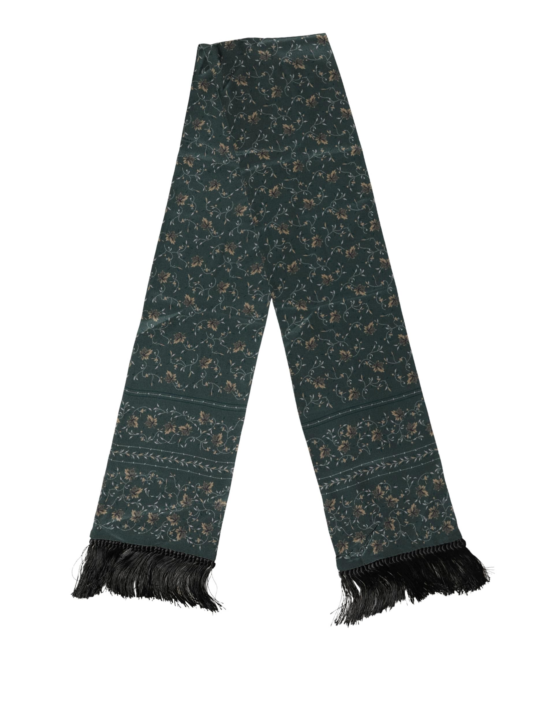 Dolce & Gabbana Green Silk Floral Pattern Fringed 135cm X 16cm Scarf - Image 2