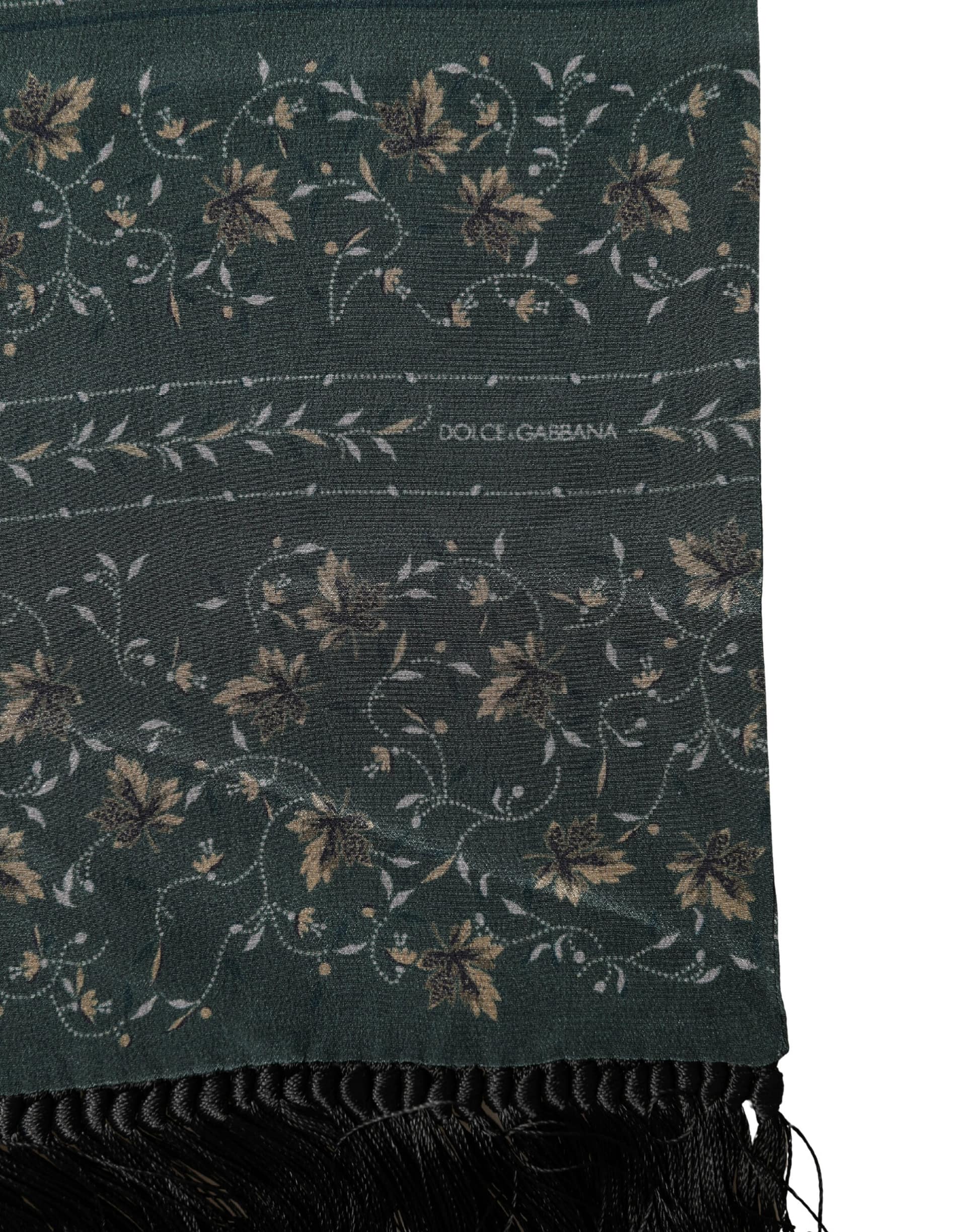 Dolce & Gabbana Green Silk Floral Pattern Fringed 135cm X 16cm Scarf - Image 3